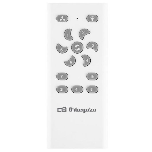 Mando a distancia blanco con botones de ventilador, luz y control de velocidad.