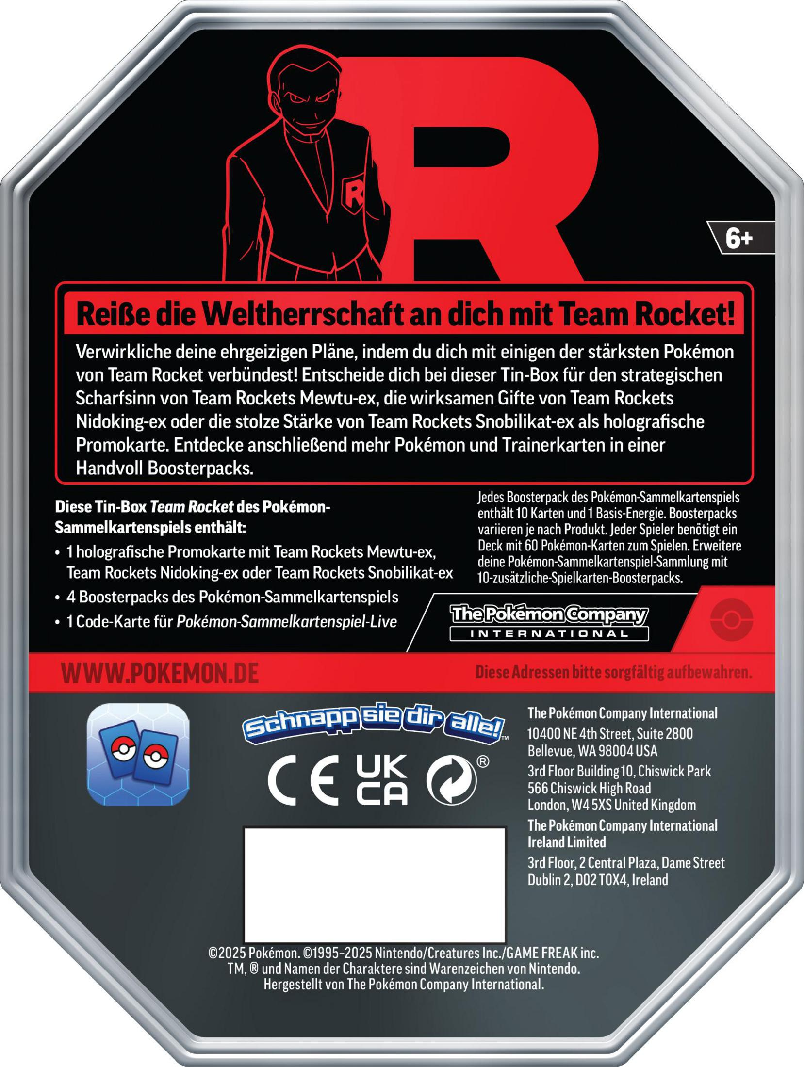 Pokémon Team Rocket Tin Box mit Charakter-Illustration, Text und Logos.