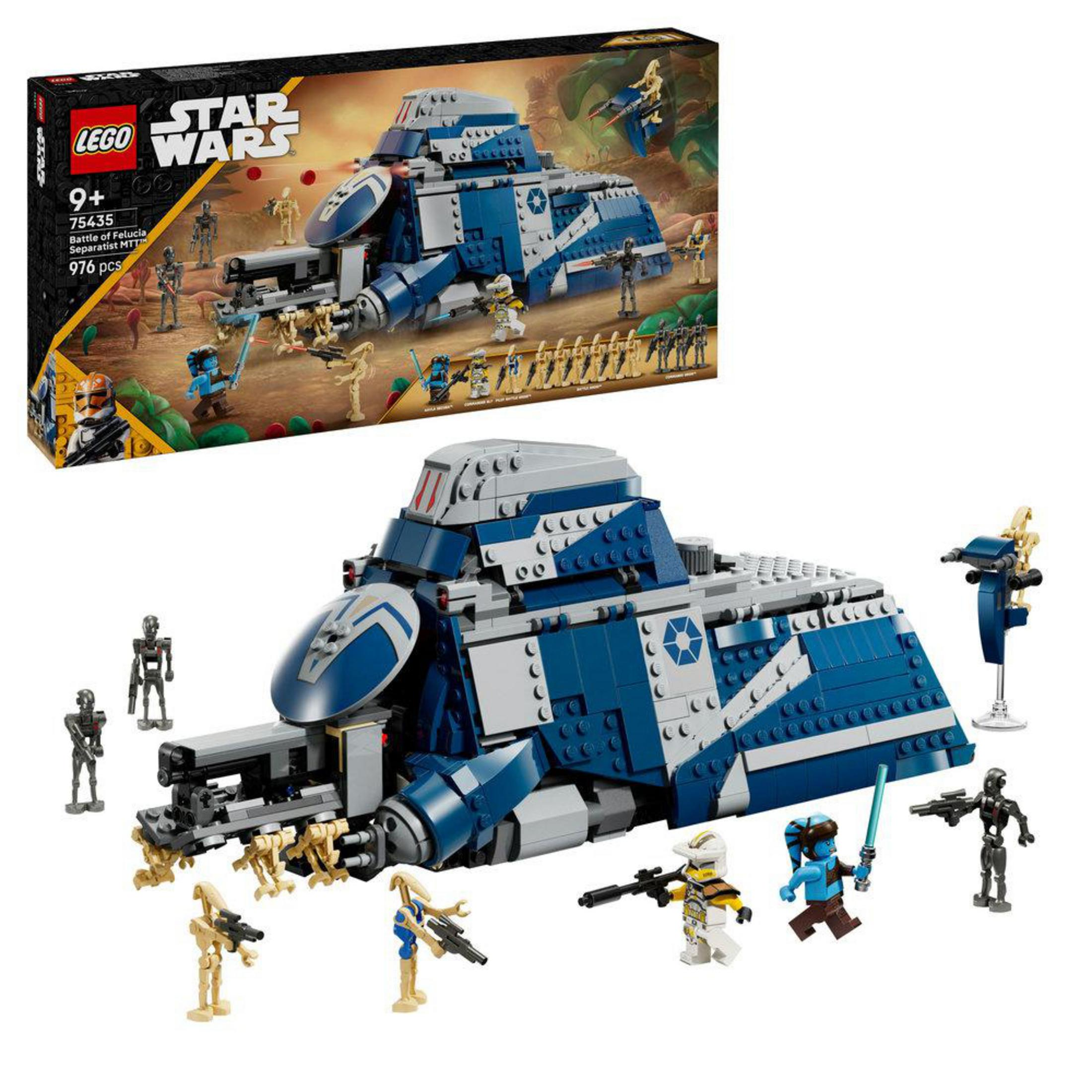 Set Lego Star Wars con veicolo MTT blu e grigio e minifigure.