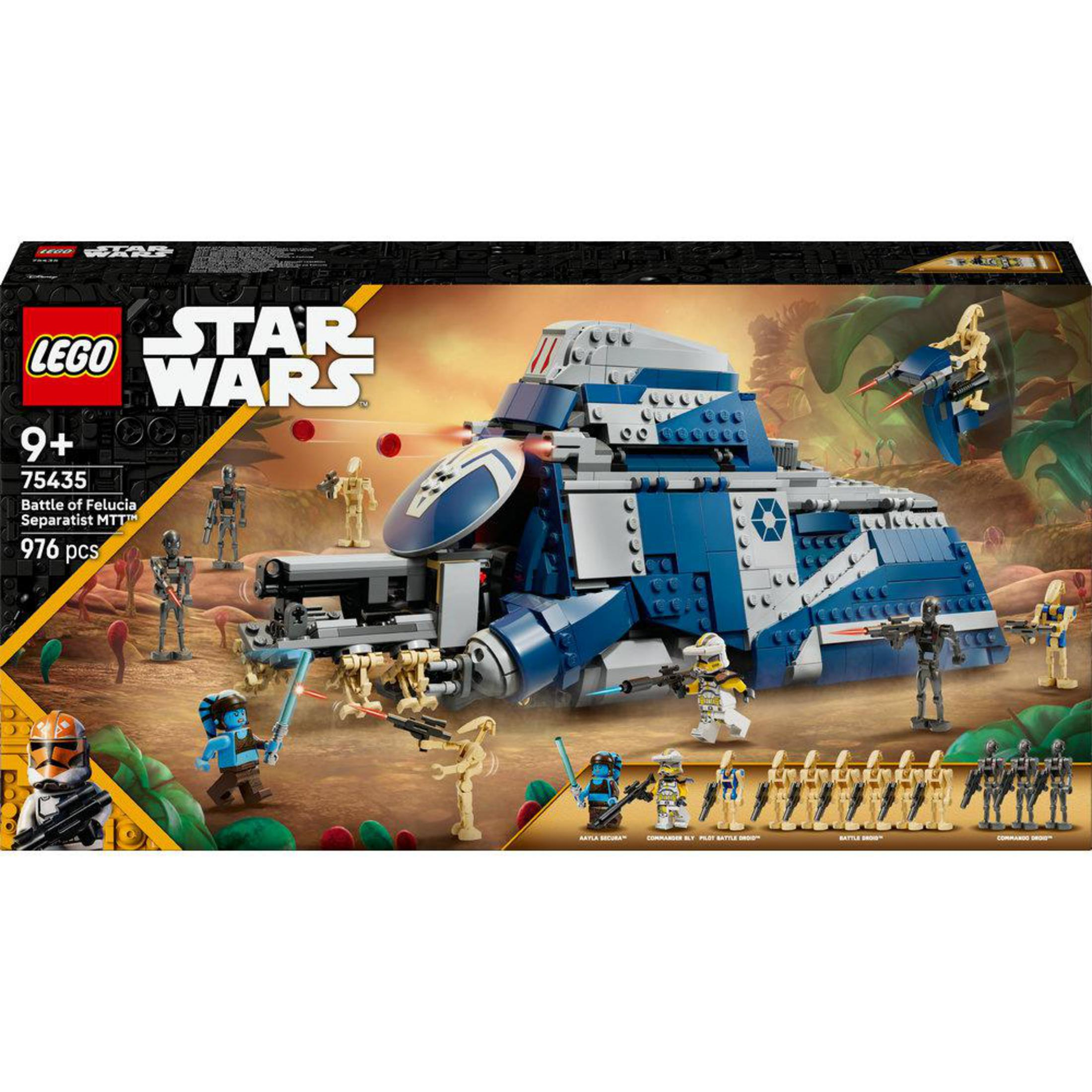 Set Lego Star Wars con veicolo MTT blu e grigio e minifigure.