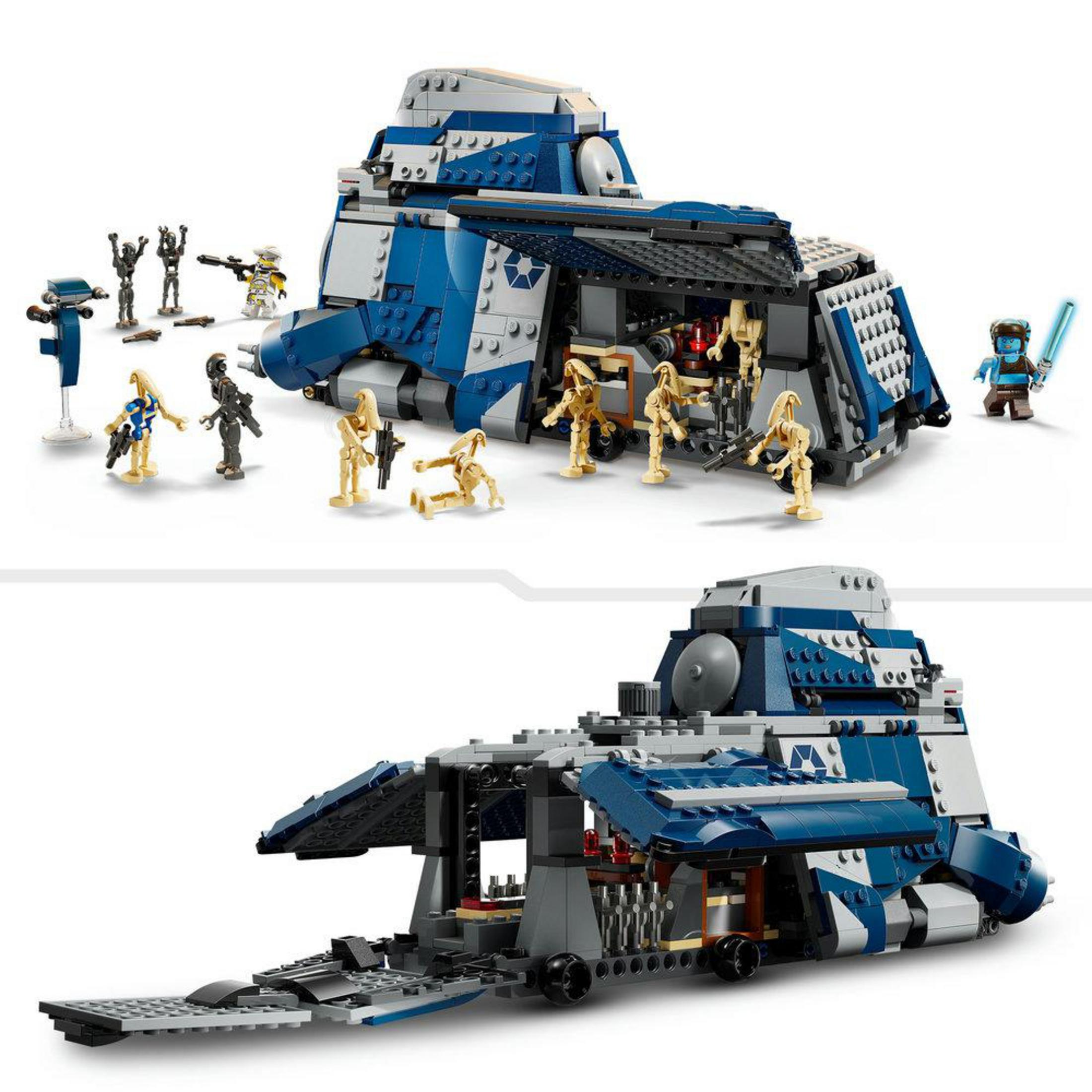 Un'astronave Lego blu e grigia con molte figure davanti e all'interno.