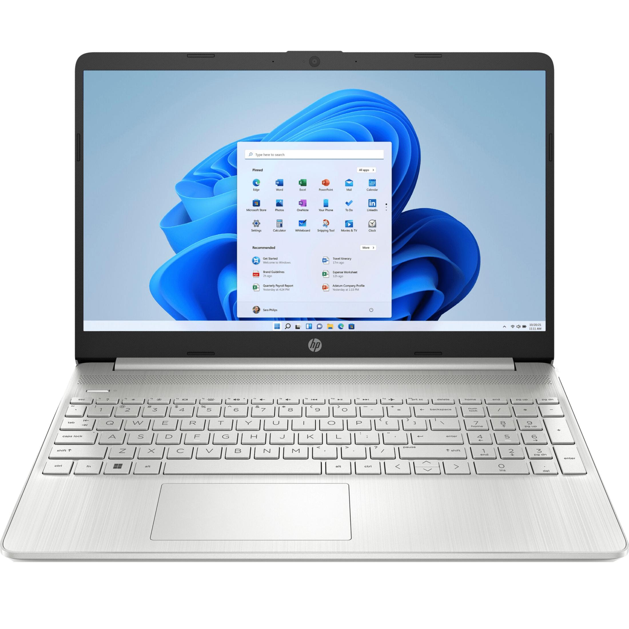 Un portátil HP plateado con un menú de inicio de Windows 11 abierto.