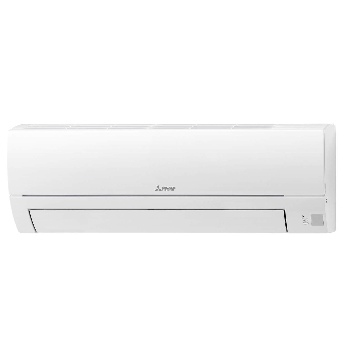Un aire acondicionado Mitsubishi Electric blanco con rejillas y panel de control.