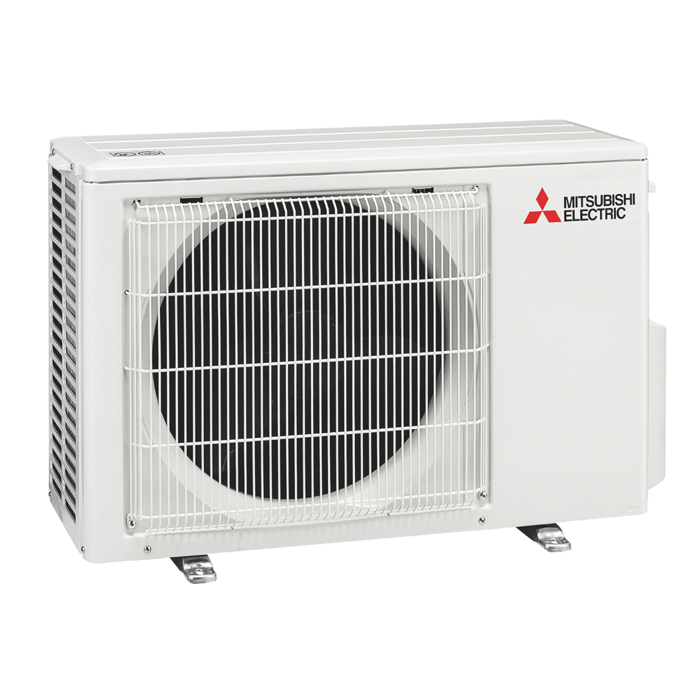 Una unidad exterior Mitsubishi Electric blanca con rejilla delante del ventilador.
