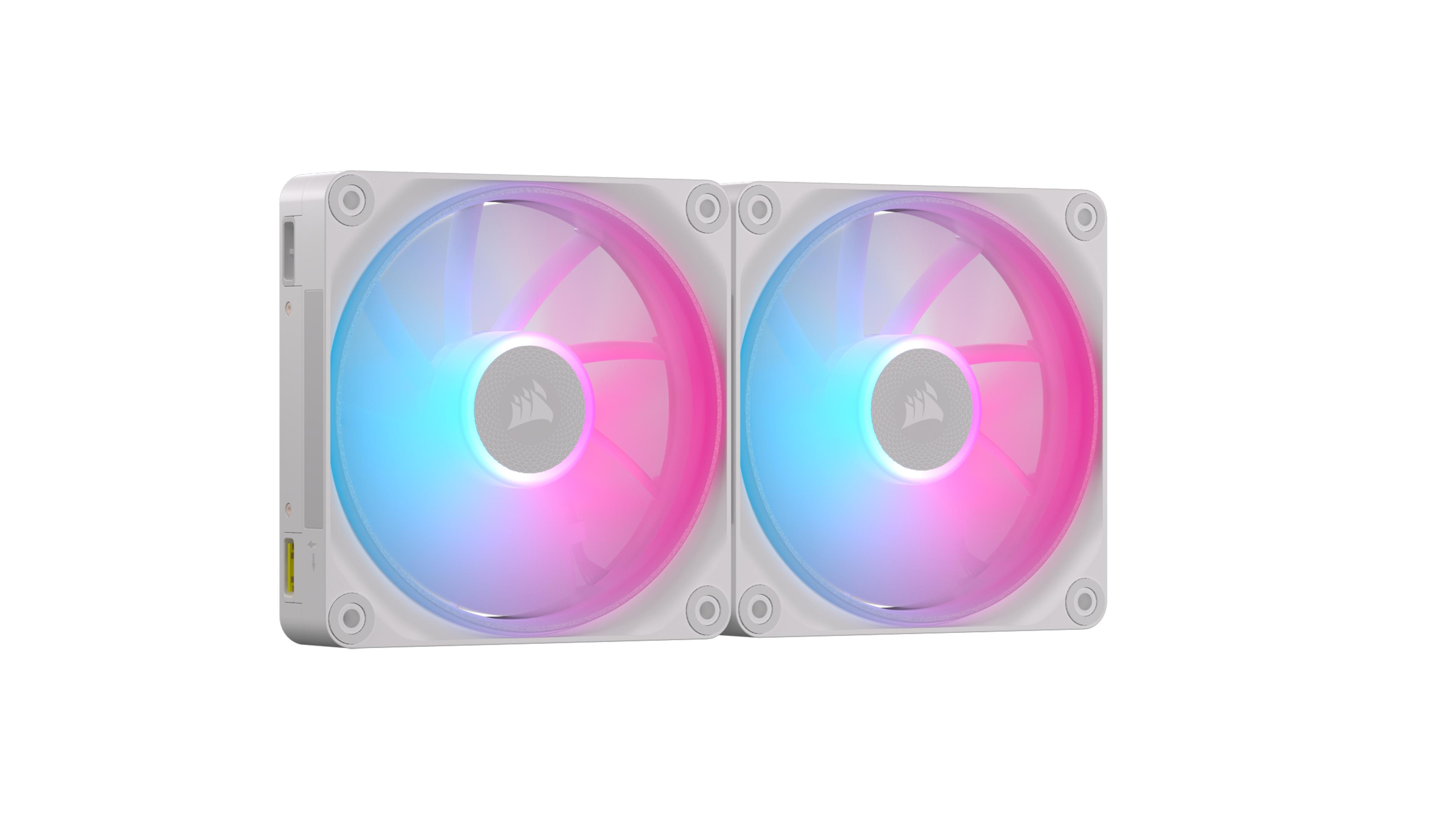 Due ventole per PC bianche con illuminazione RGB blu e rosa, una accanto all'altra.