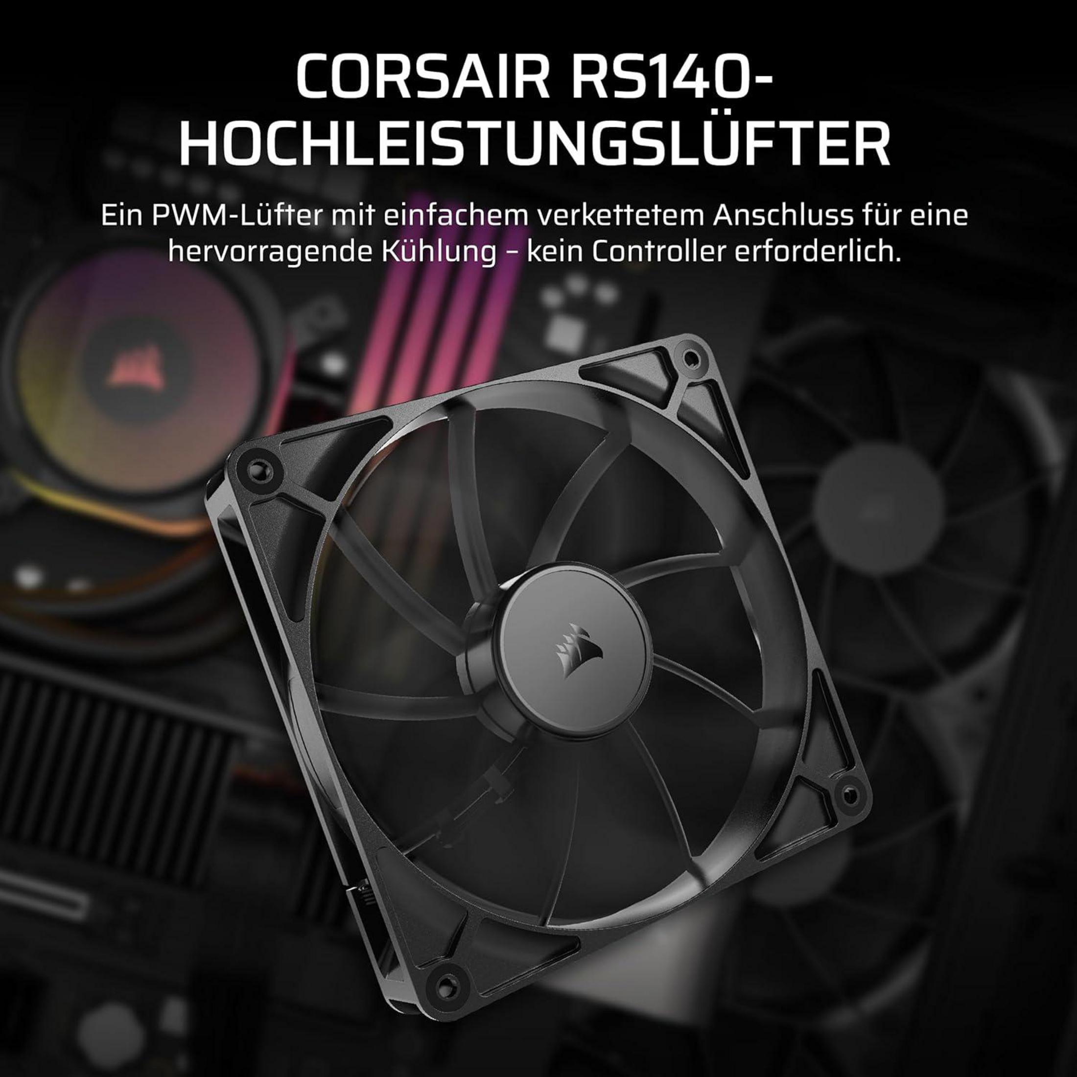 Un ventilateur Corsair RS140 noir avec connexion PWM sur fond sombre.