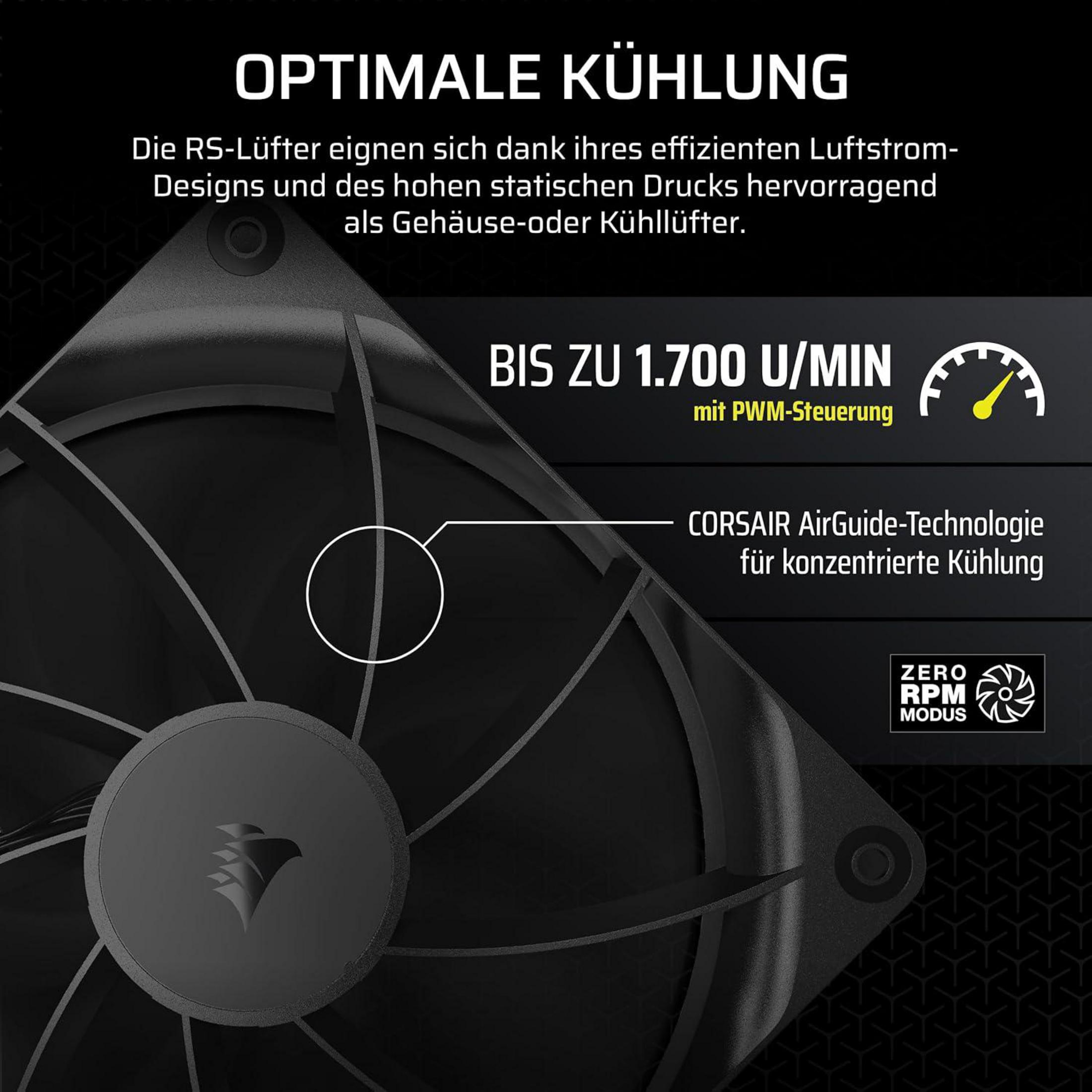 Ventilateur PC noir avec "OPTIMALE KÜHLUNG" et "jusqu'à 1.700 tr/min".