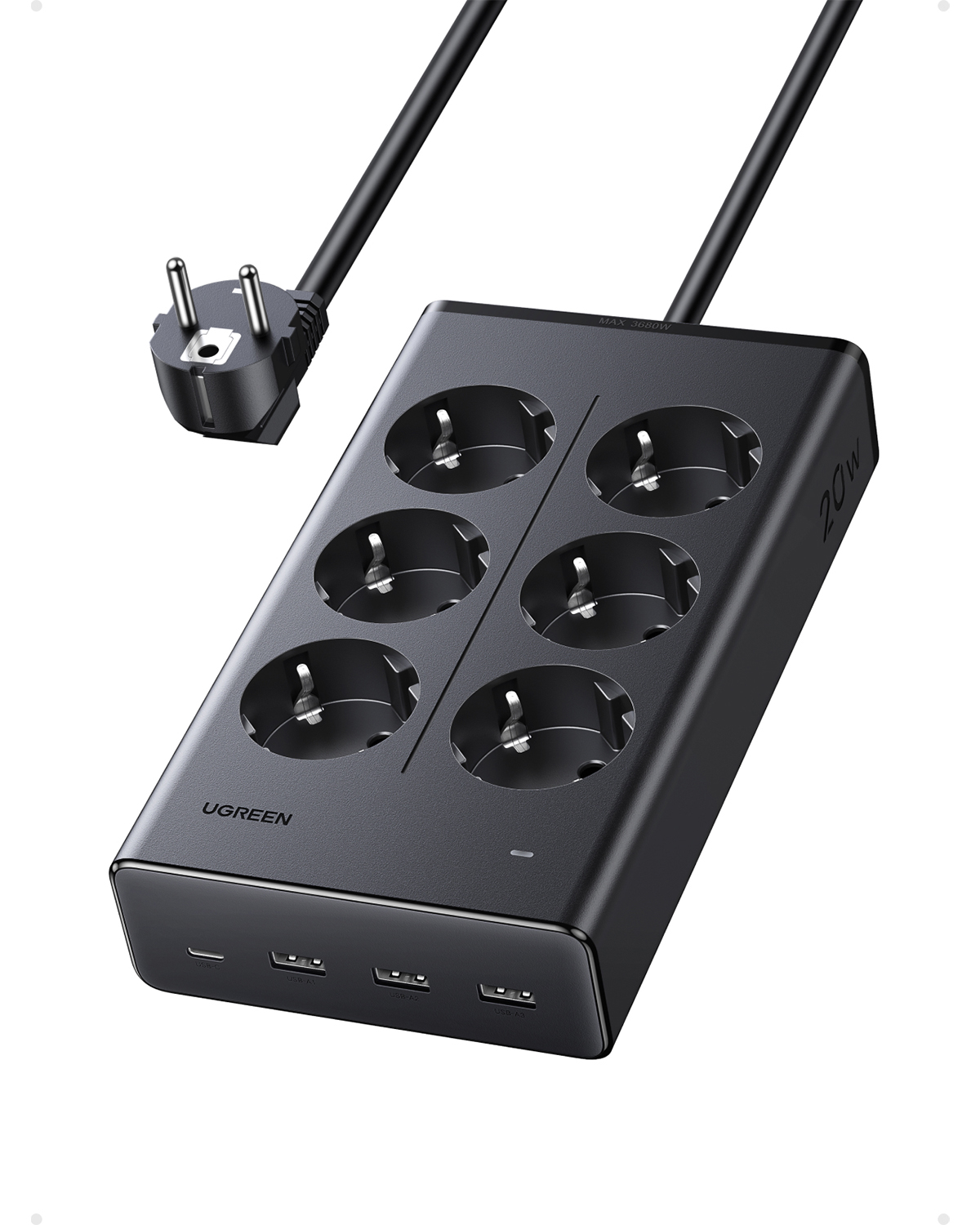 Multipresa nera con 6 prese e 3 porte USB. Cavo e spina bianchi.