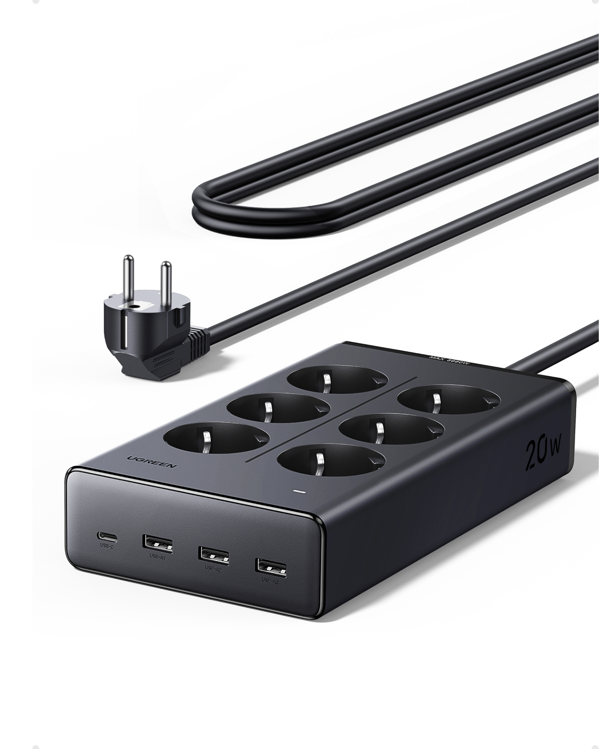 Multipresa nera con 6 prese, 4 porte USB e spina UE.