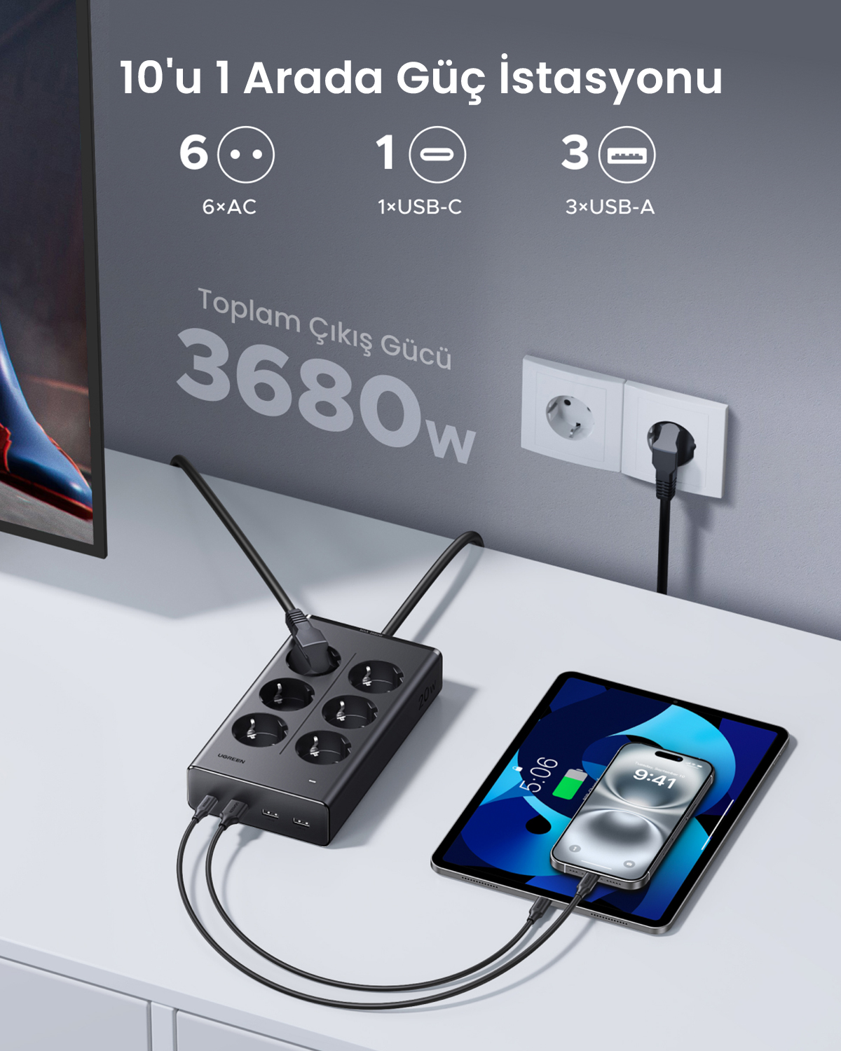 Multipresa nera con 6 prese AC, 1 USB-C, 3 porte USB-A, carica tablet e smartphone.