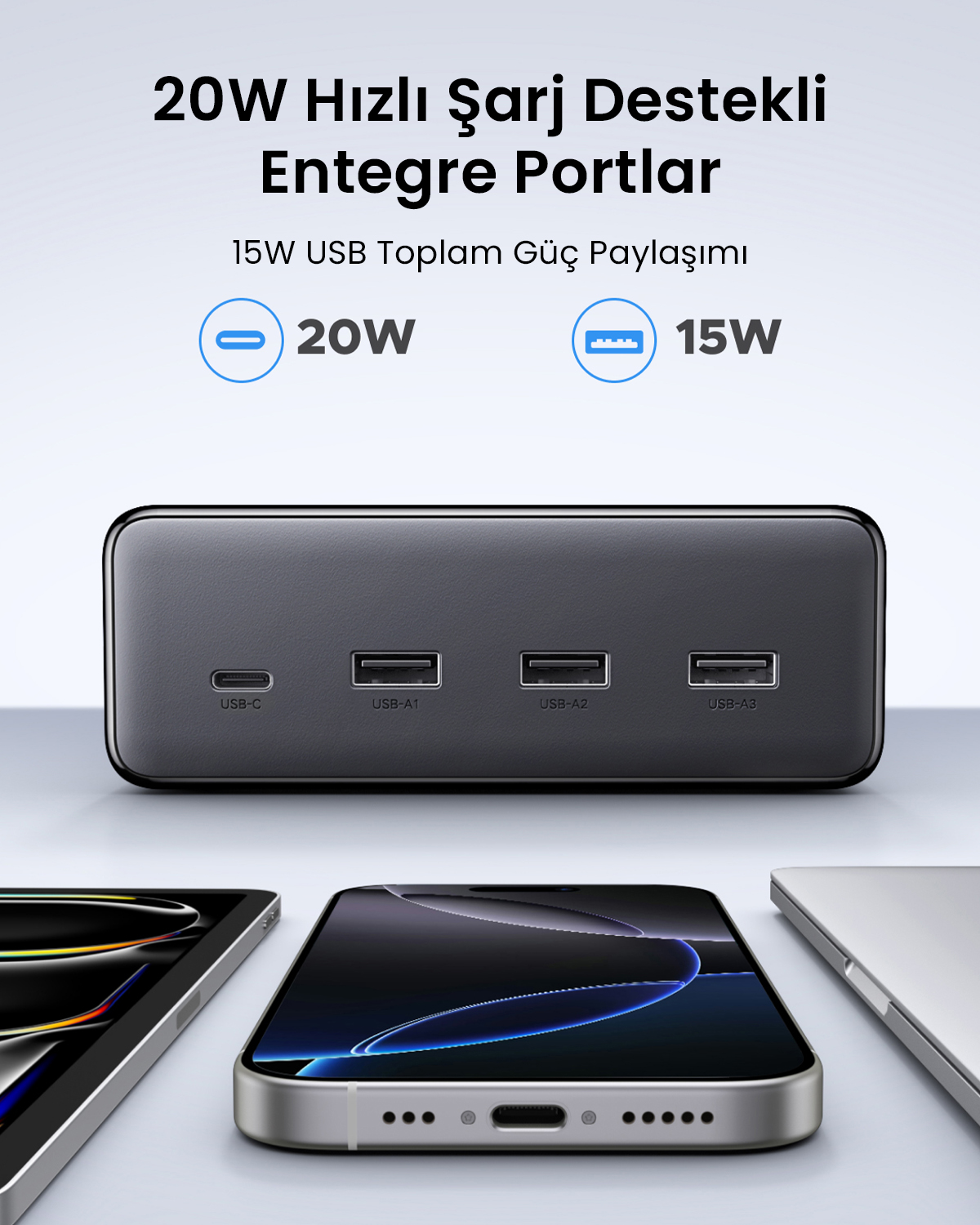 Caricatore nero con USB-C e tre porte USB-A, accanto a smartphone e tablet.
