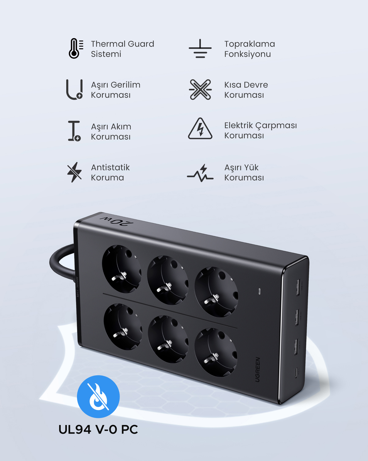 Multipresa nera con 6 prese e 3 porte USB.