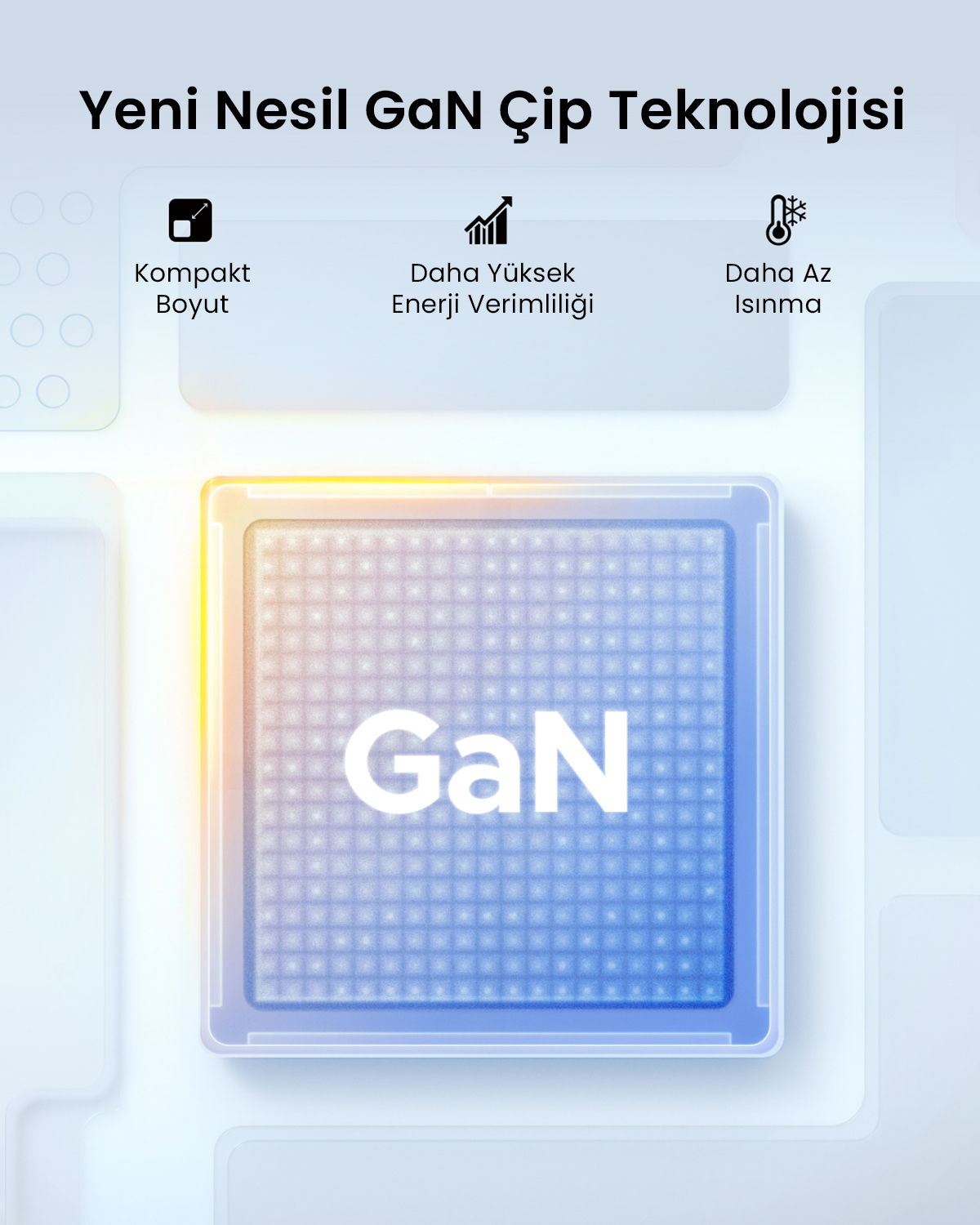 Immagine: "Tecnologia chip GaN di nuova generazione". Mostra un chip con etichetta "GaN".