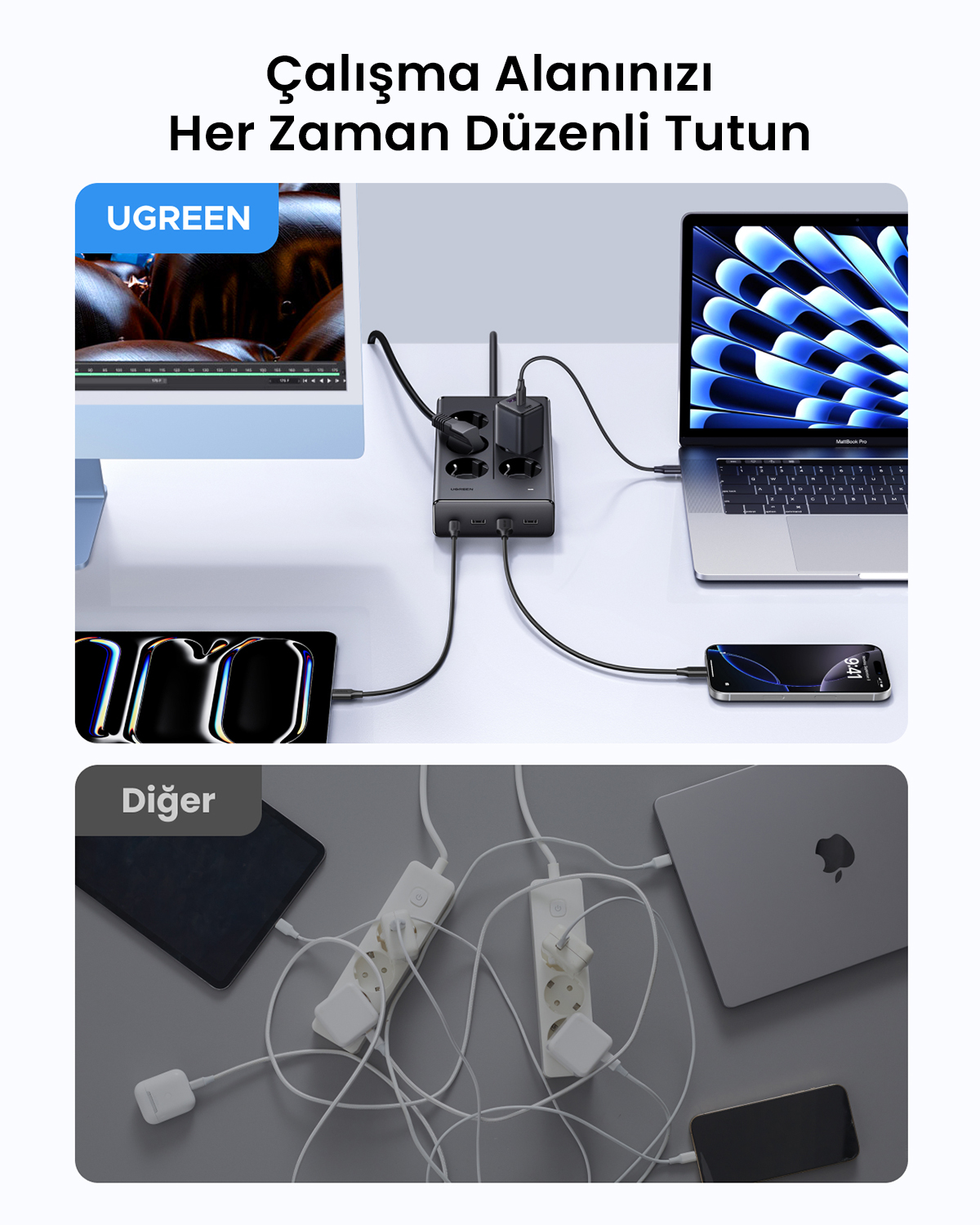 Una scrivania con una ciabatta che carica un laptop, uno smartphone e un tablet.
