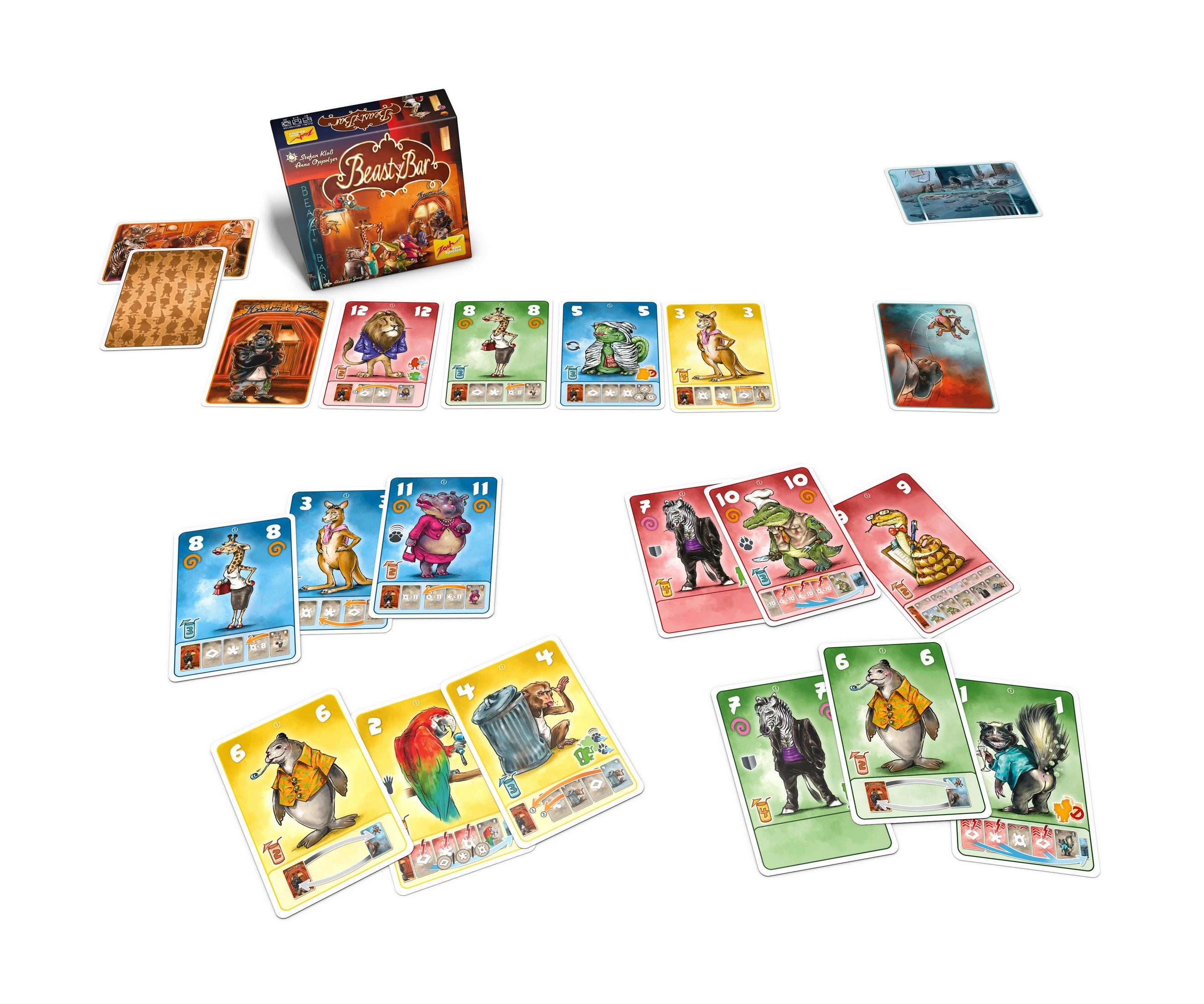 Spielkarten mit anthropomorphen Tieren, Brettspielbox 'Beast Bar' auf Weiß.