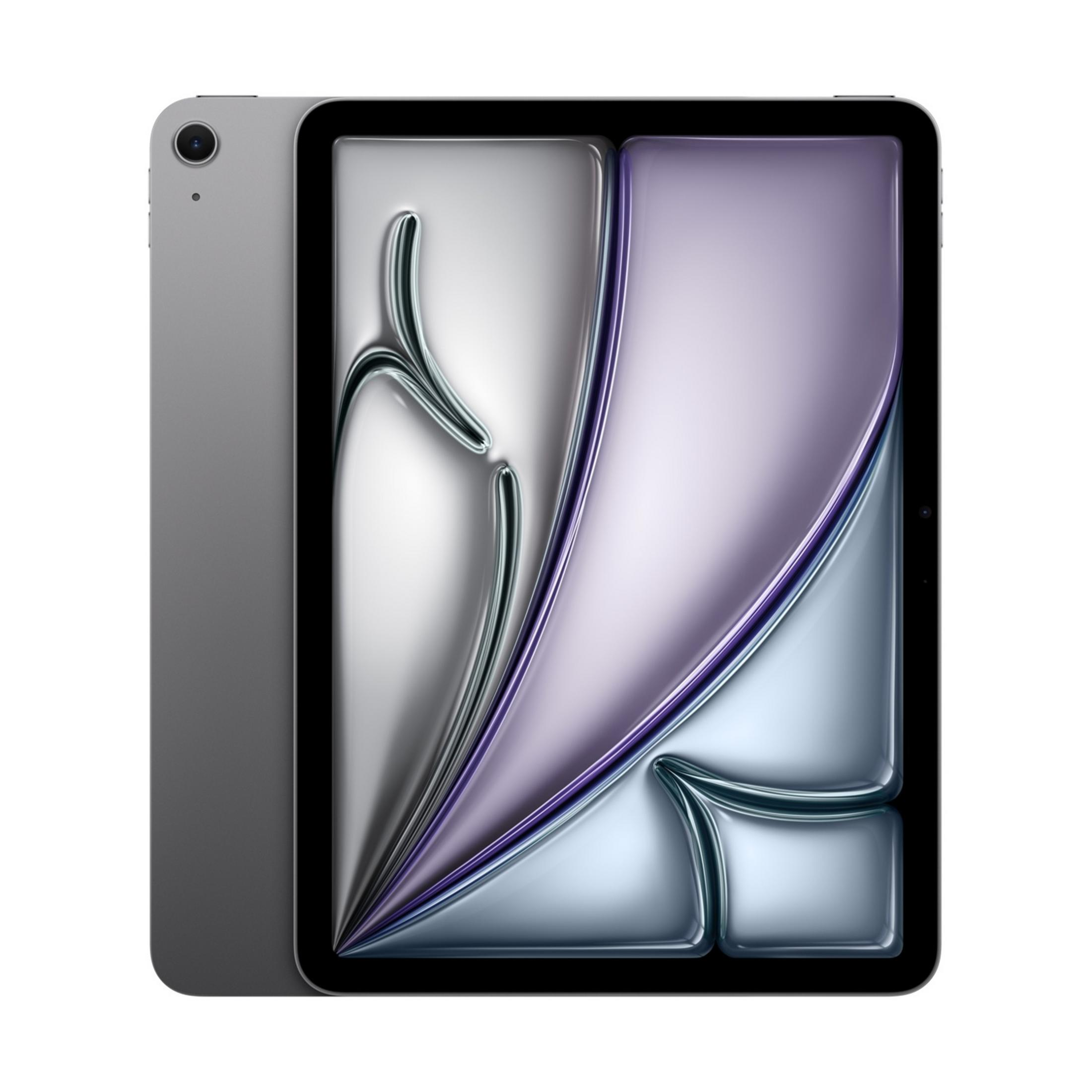 Tablet grigio con sfondo astratto liquido viola e argento.