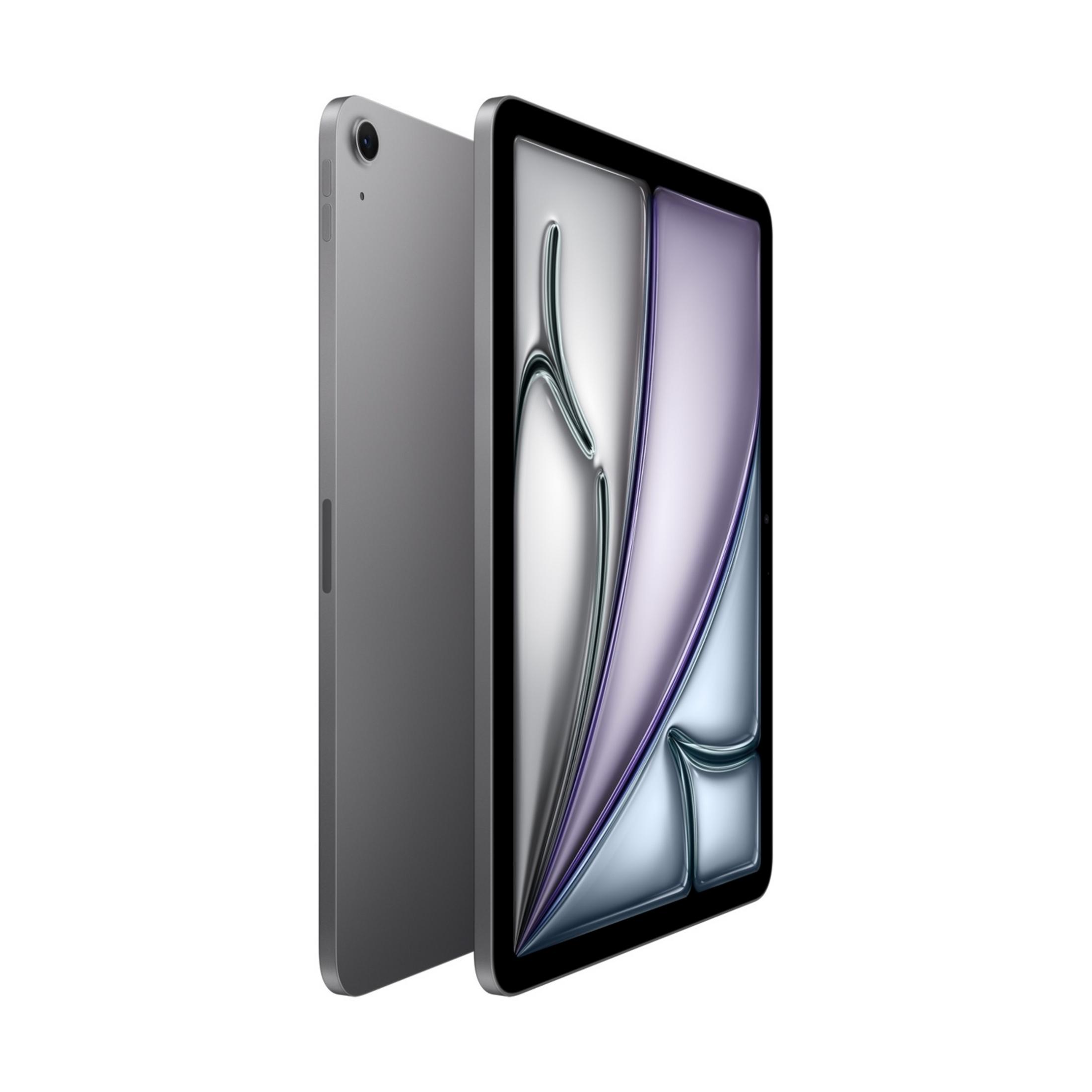 Un tablet grigio mostrato di lato e di fronte, con grafica astratta sullo schermo.