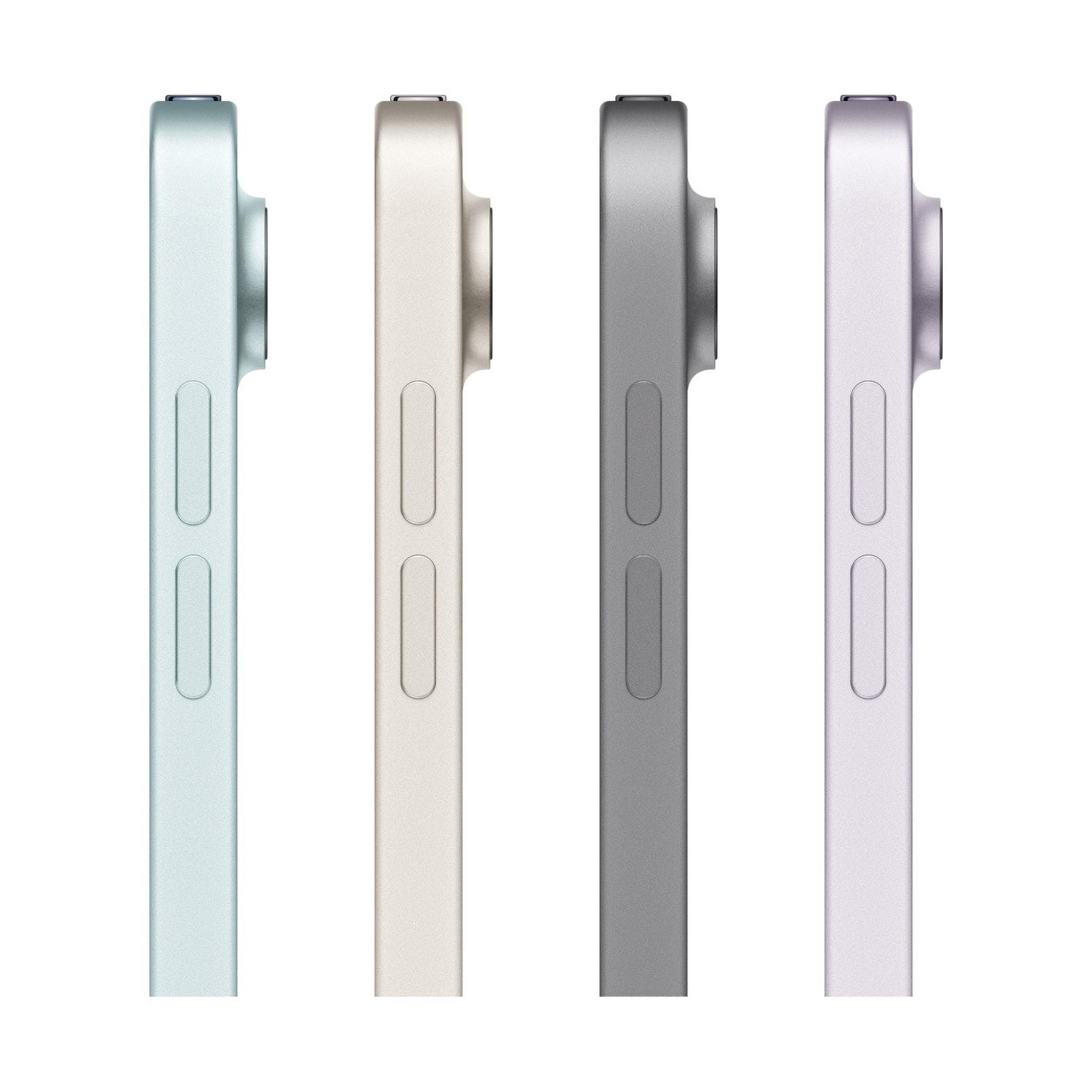 Quattro tablet nei colori menta, oro, grigio e viola uno accanto all'altro su bianco.