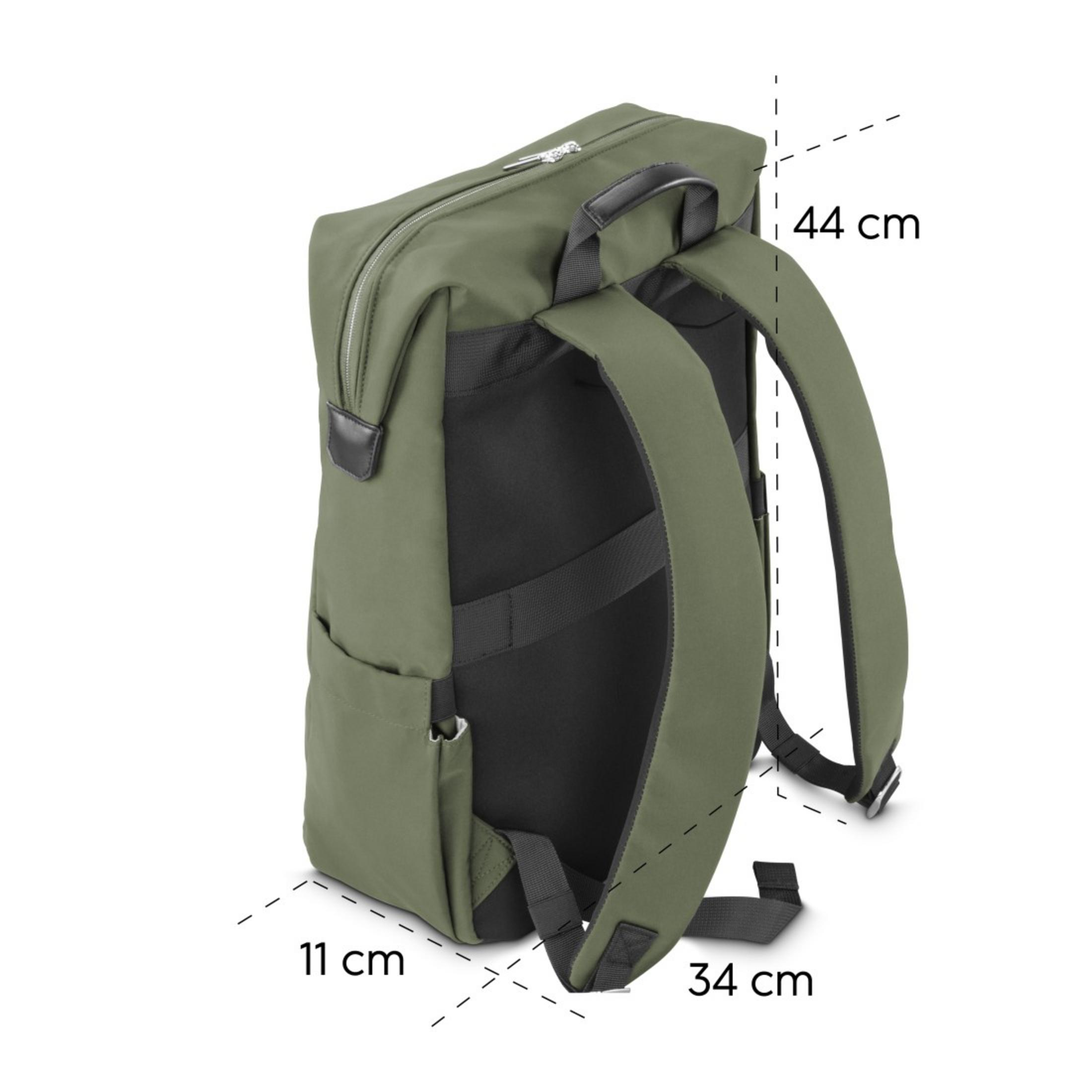 Zaino verde di 44x34x11 cm, con cinghie nere e accenti in pelle.