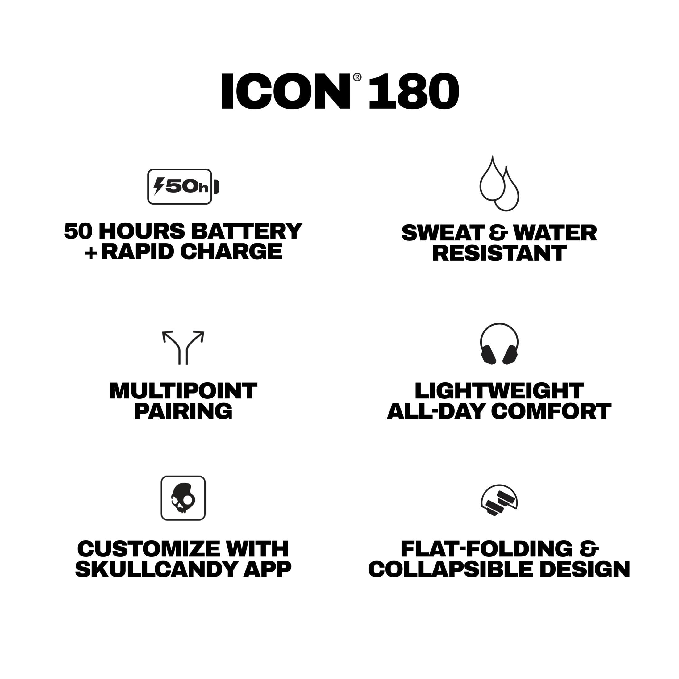 Icon 180: 50h Akku, Schweißresistent, Multipoint-Pairing, Leichtgewicht, App-Anpassung, Faltbar.