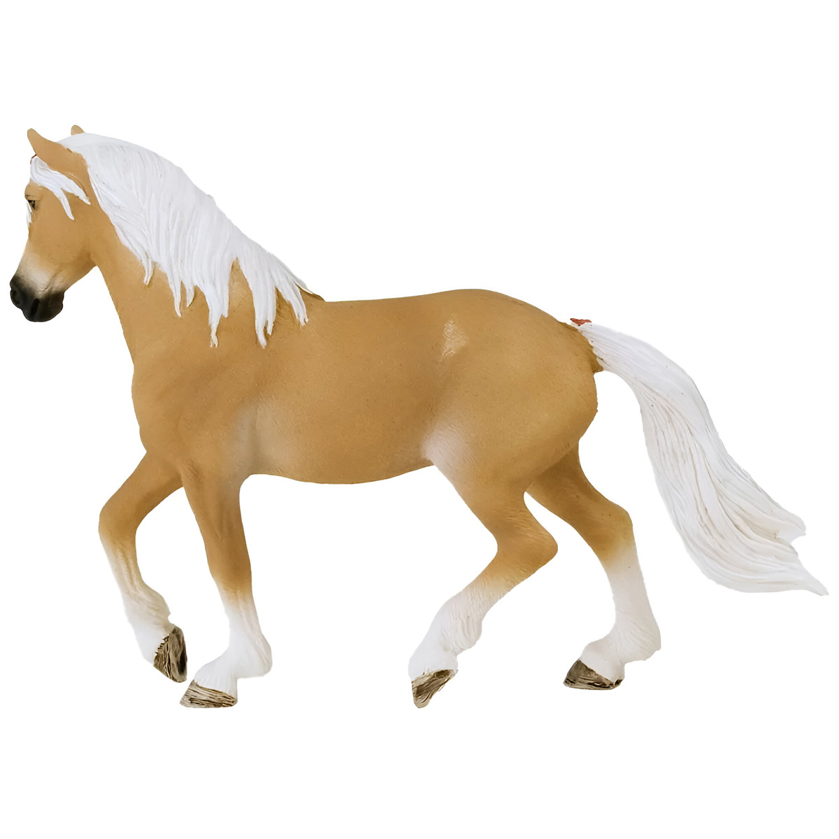 Un cavallo marrone chiaro con criniera e coda bianche, su sfondo bianco.