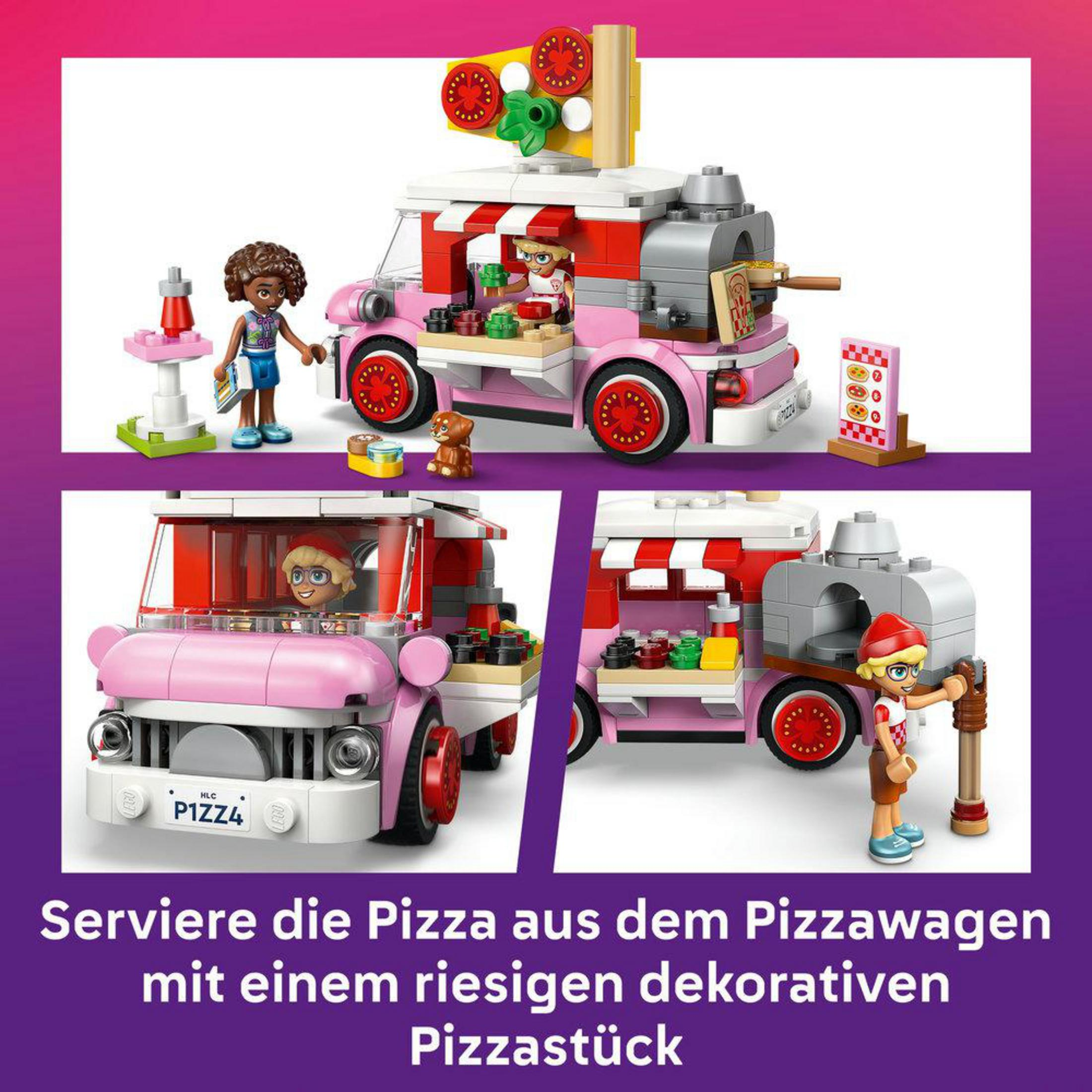 Un camion pizza rosa con figure e accessori.