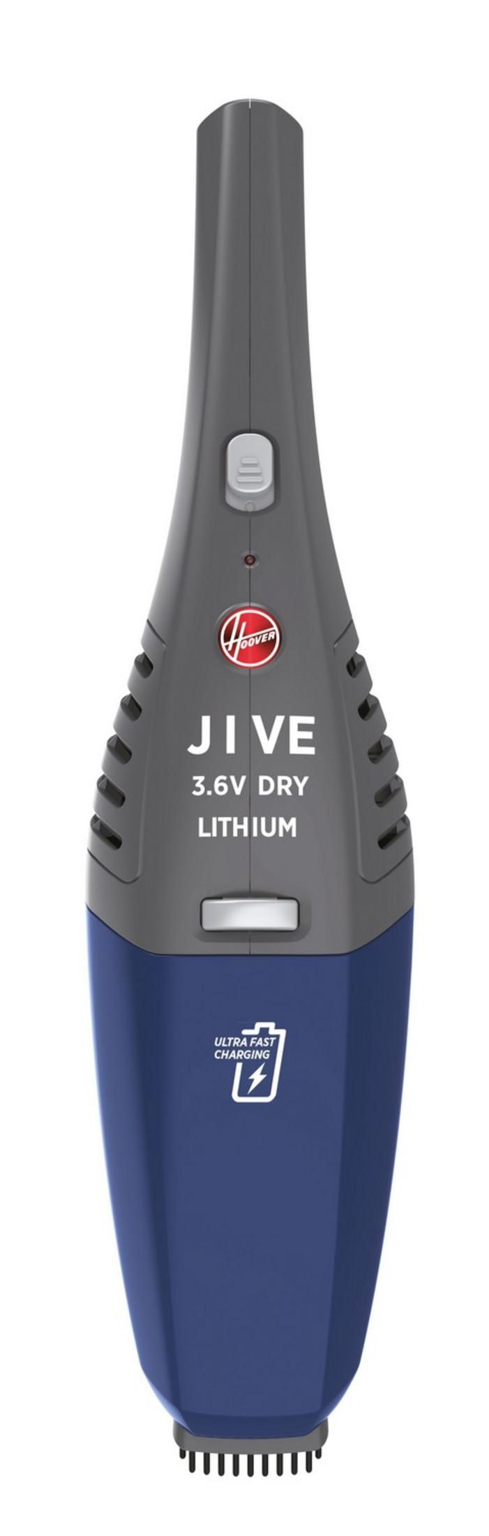 Un aspirador de mano gris y azul con la etiqueta JIVE 3.6V DRY LITHIUM.