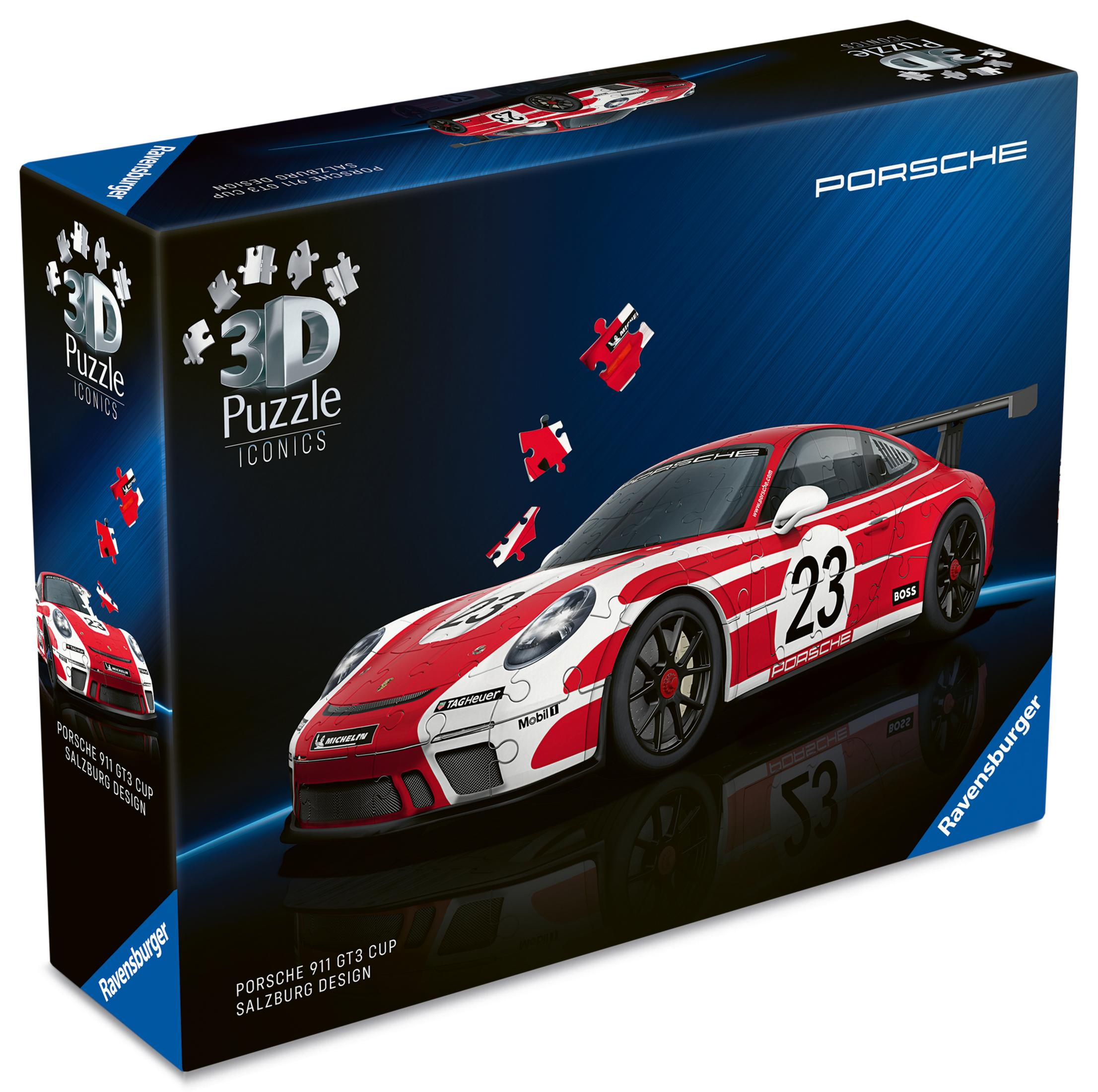 Verpackung eines 3D-Puzzles mit einem roten Porsche 911 GT3 Cup.