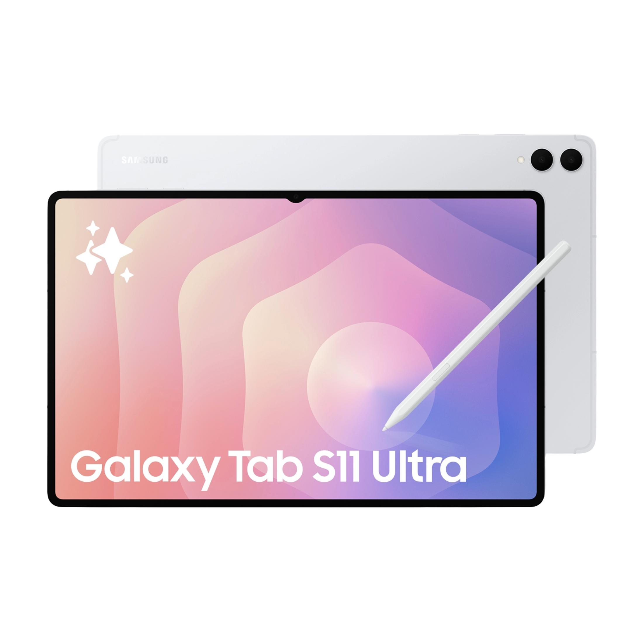 Un Samsung Galaxy Tab S11 Ultra bianco con stilo su sfondo colorato.