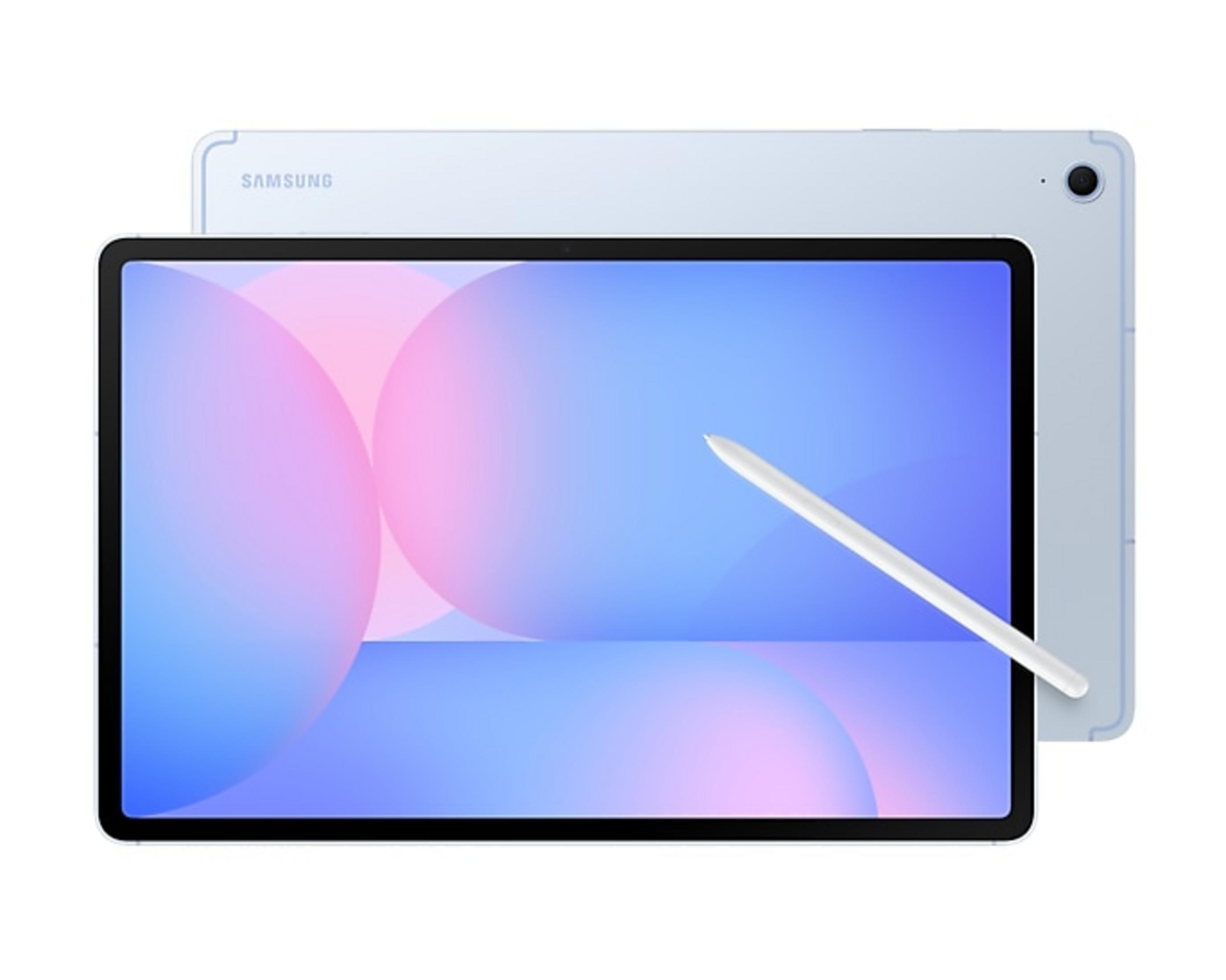 Un tablet Samsung azzurro con stilo, che mostra uno sfondo sfumato.