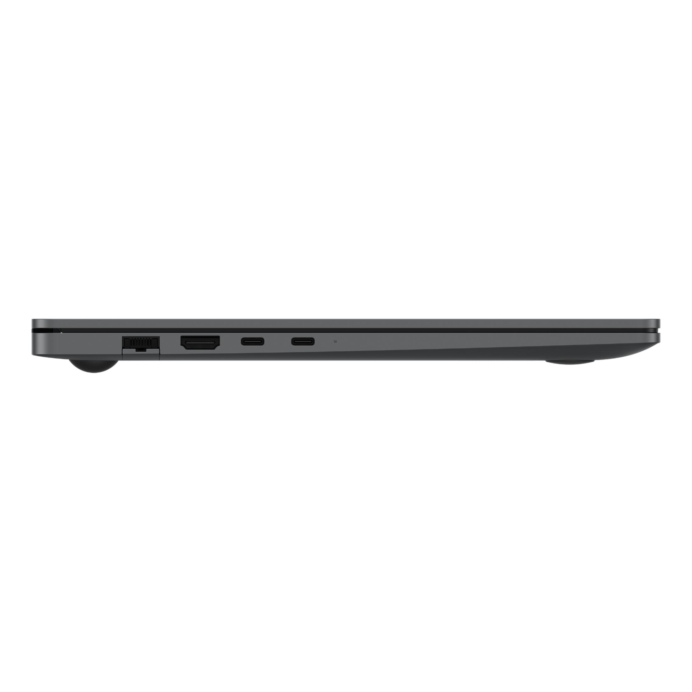 Vista lateral de un portátil gris oscuro mostrando puertos: HDMI, USB-C y un puerto de adaptador de corriente.