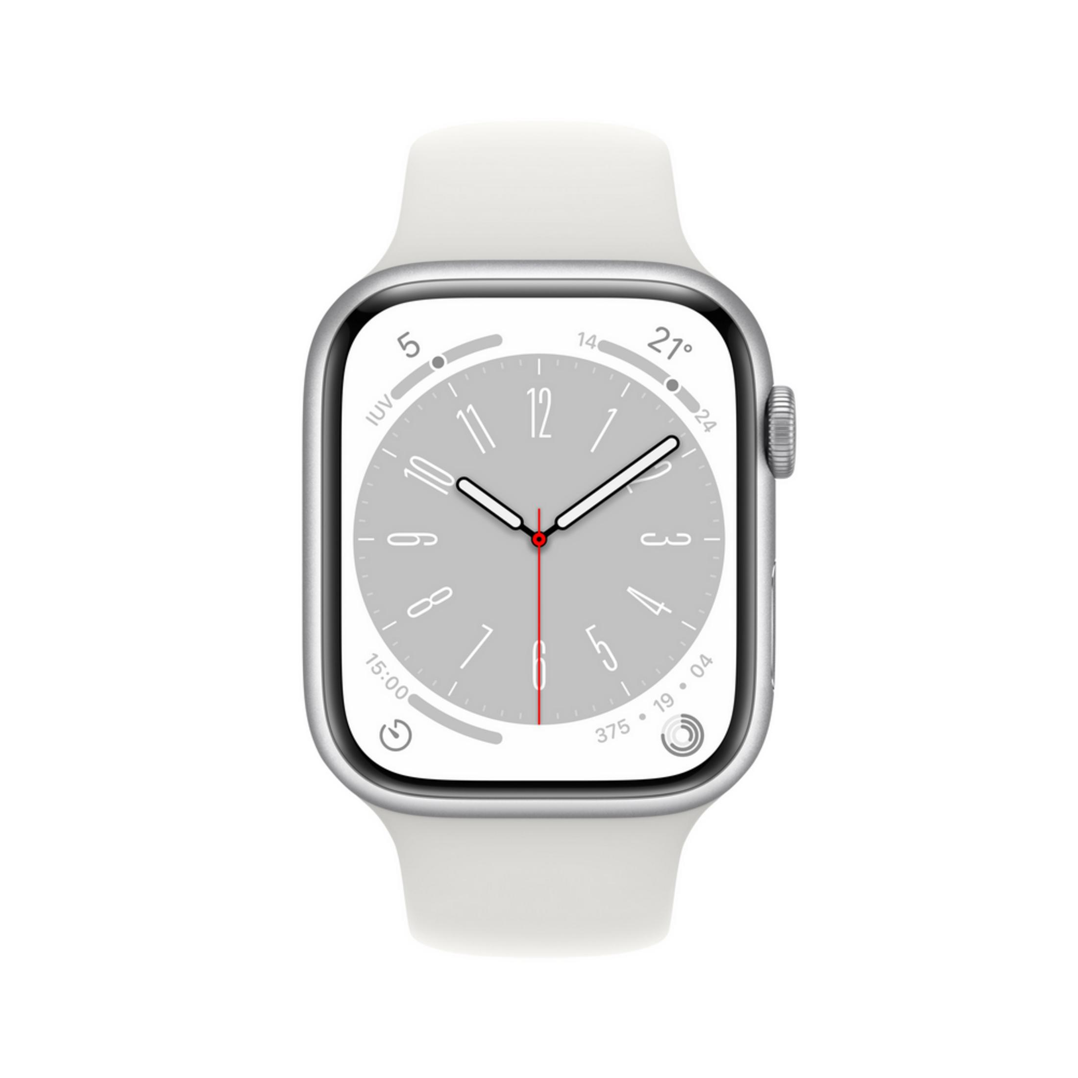 Un reloj inteligente blanco con carcasa plateada, mostrando las 10:10.