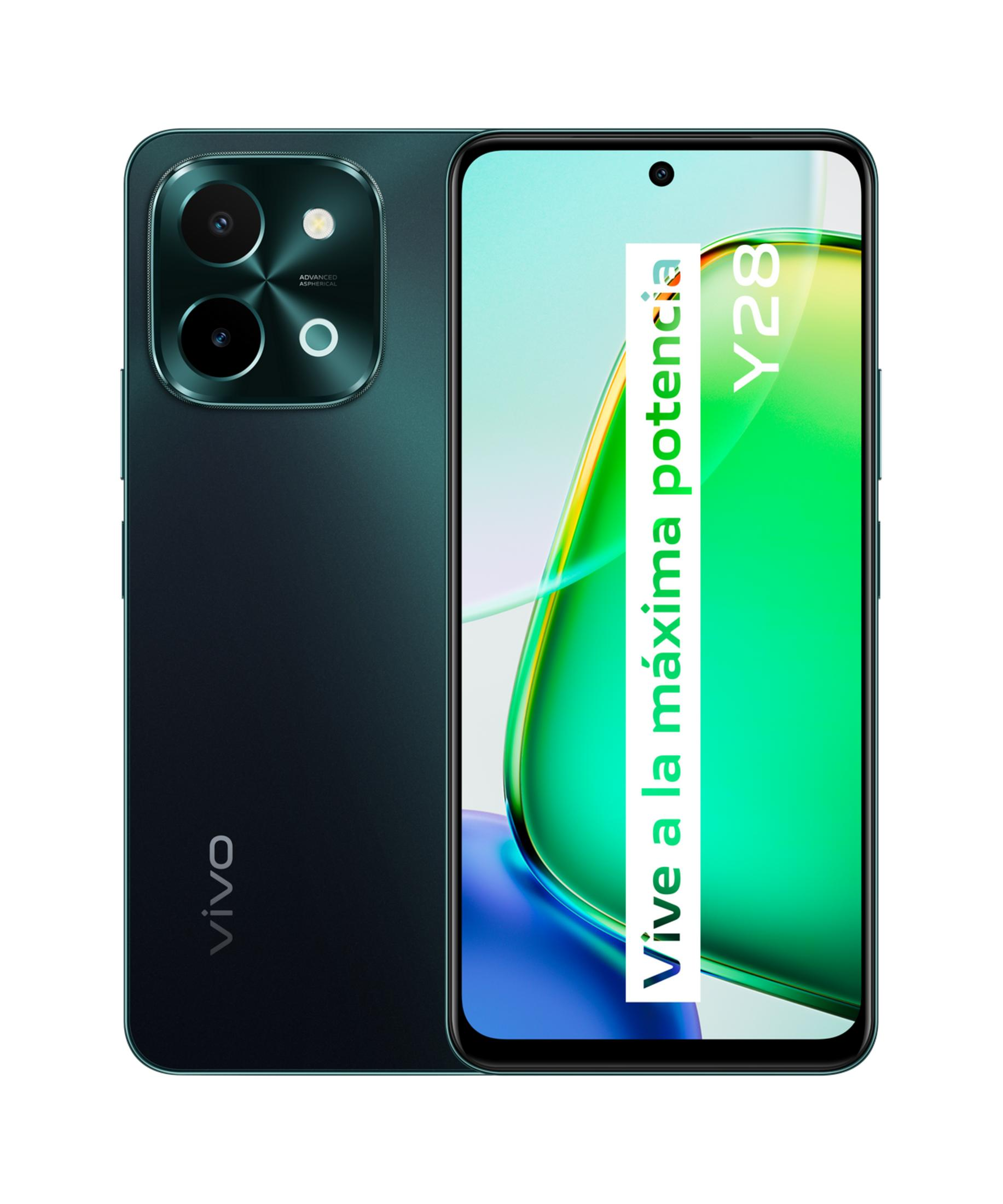 Smartphone verde scuro con modulo fotocamera, logo Vivo e schermo con testo.