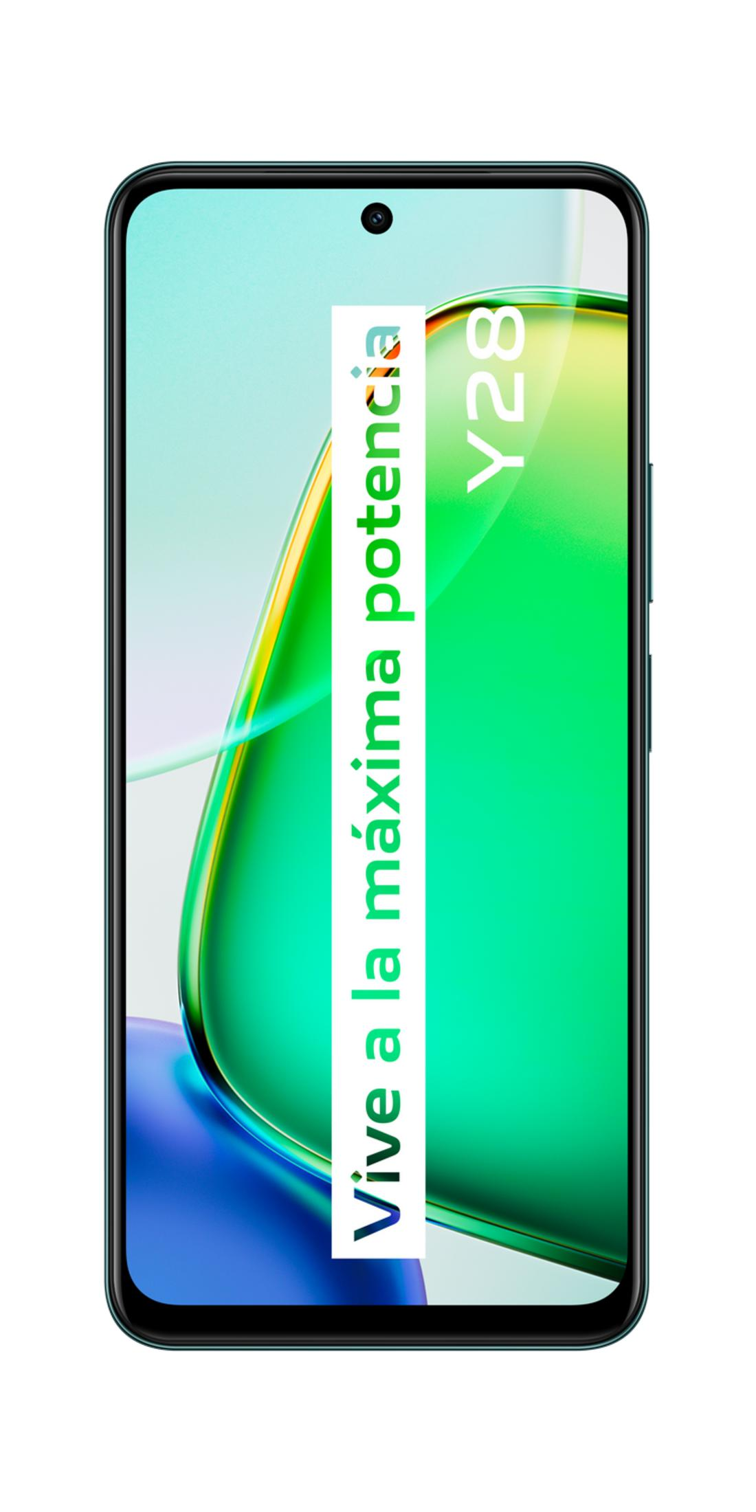 Uno smartphone con testo "Vive a la máxima potencia" e "Y28".