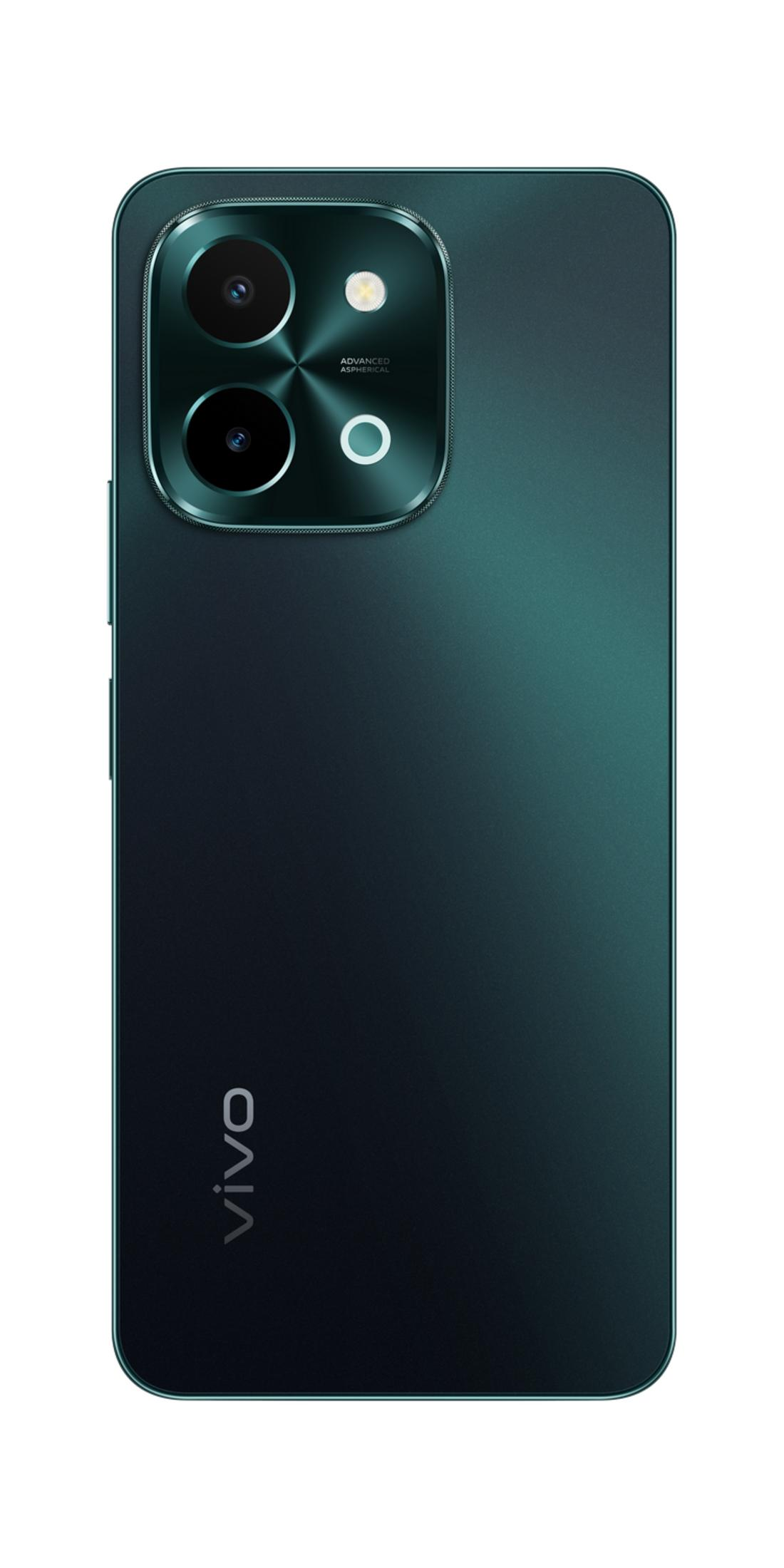 Retro di uno smartphone verde acqua scuro con tre fotocamere e logo Vivo.