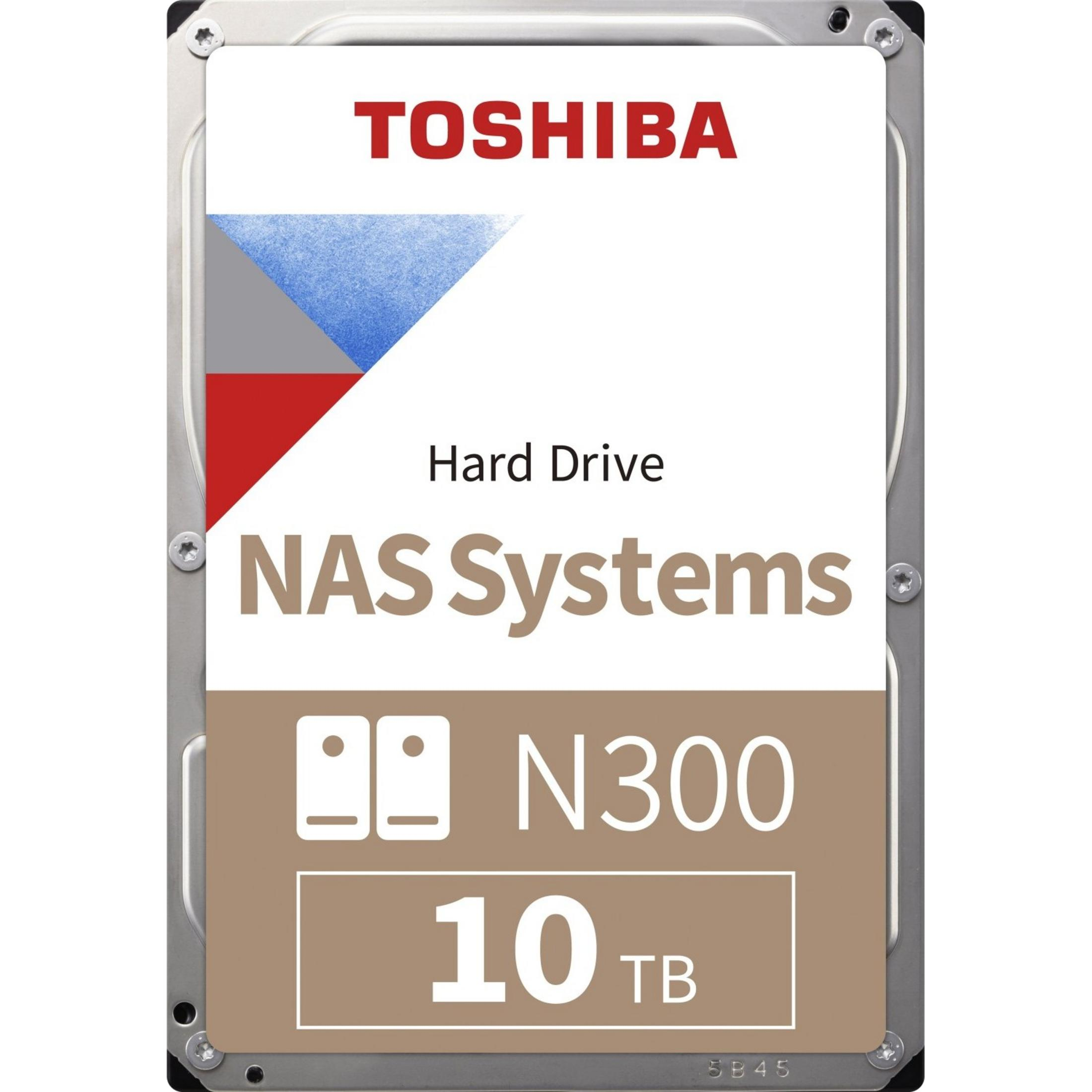 Hard disk Toshiba NAS Systems N300 da 10TB con design astratto rosso, grigio e blu.