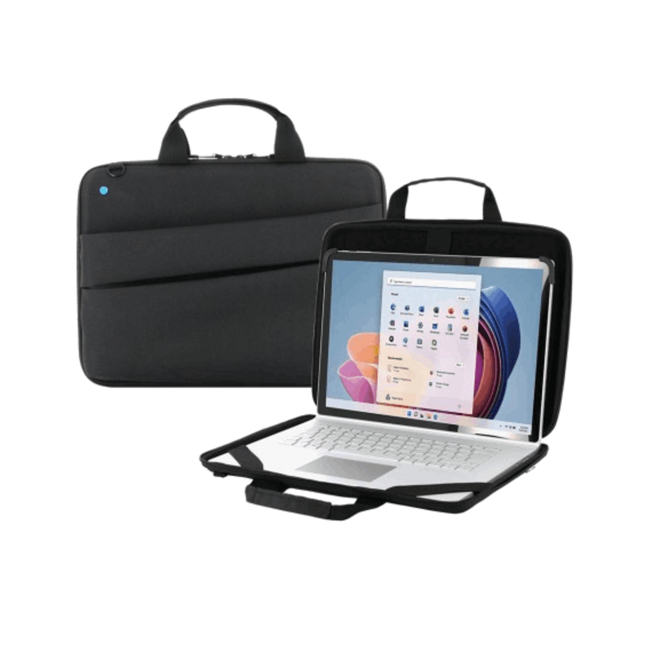 Una borsa nera per laptop con un laptop aperto all'interno. Un punto blu è sulla borsa.