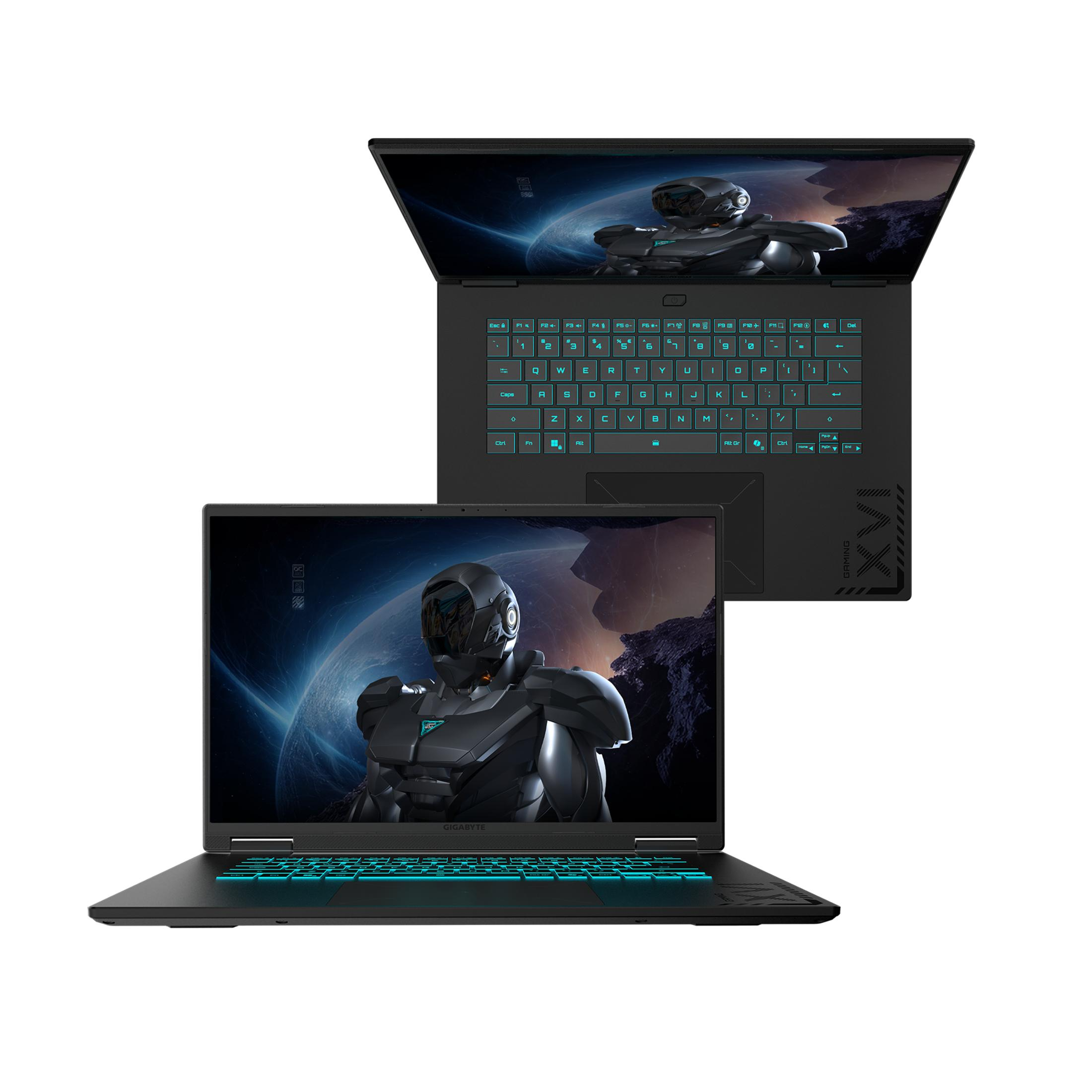 Zwei schwarze Laptops nebeneinander, mit Cyberpunk-Bildschirmen und blau beleuchteter Tastatur.