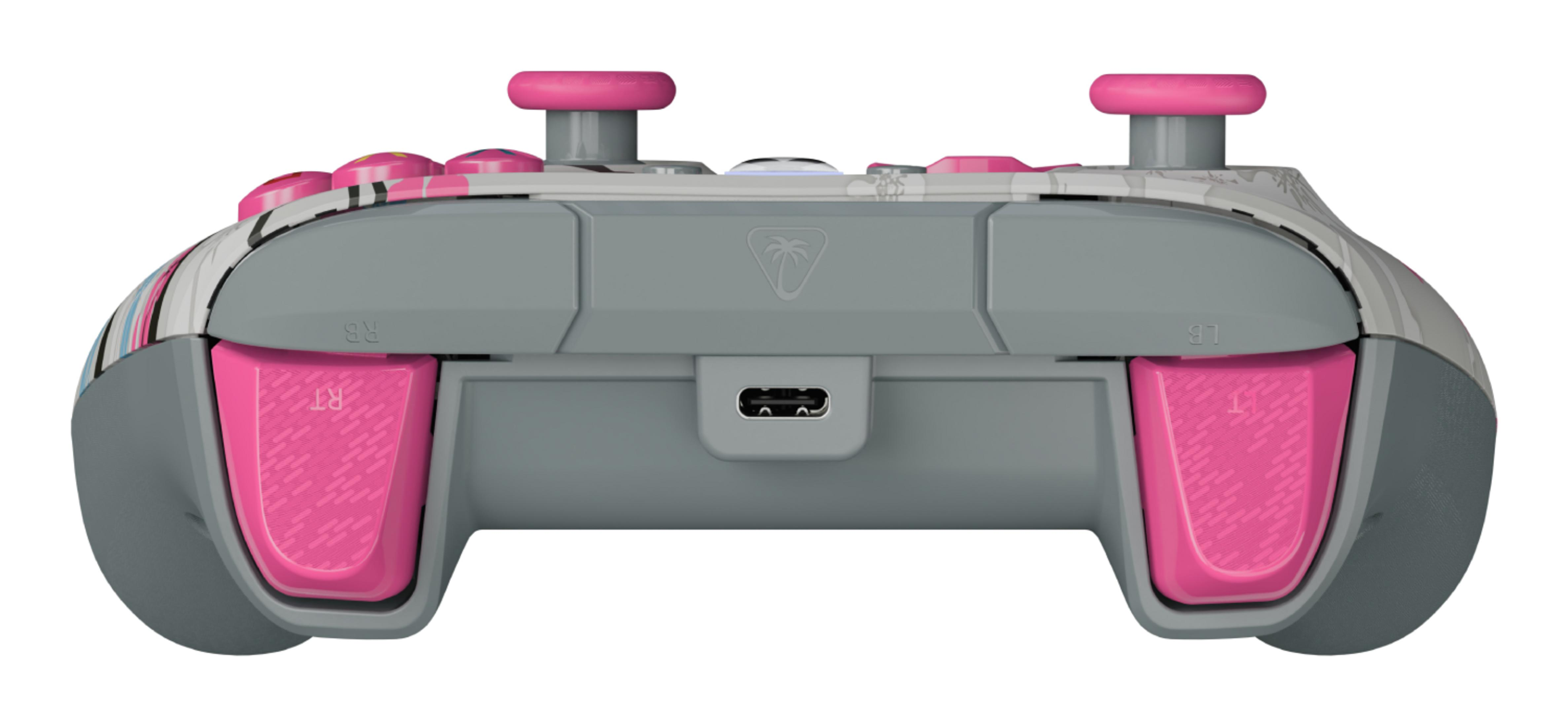 Controller grigio con pulsanti rosa e motivo a strisce.