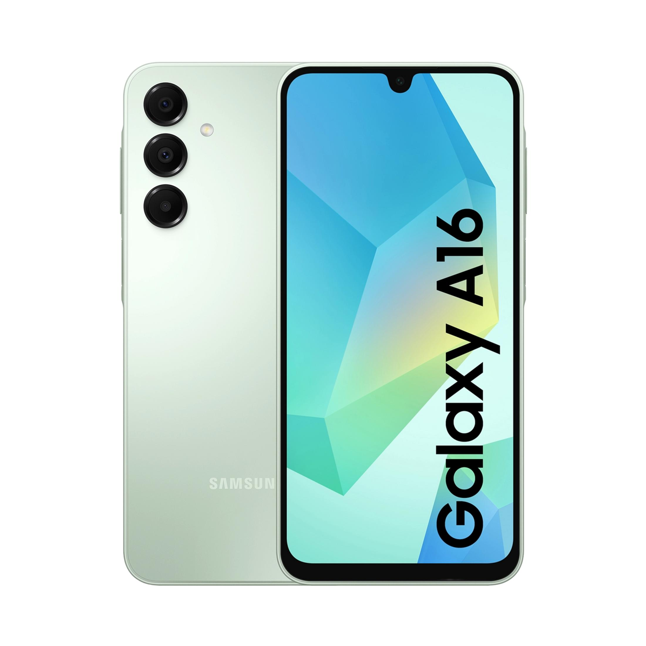 Uno smartphone Samsung Galaxy A16 verde chiaro con tre fotocamere posteriori.