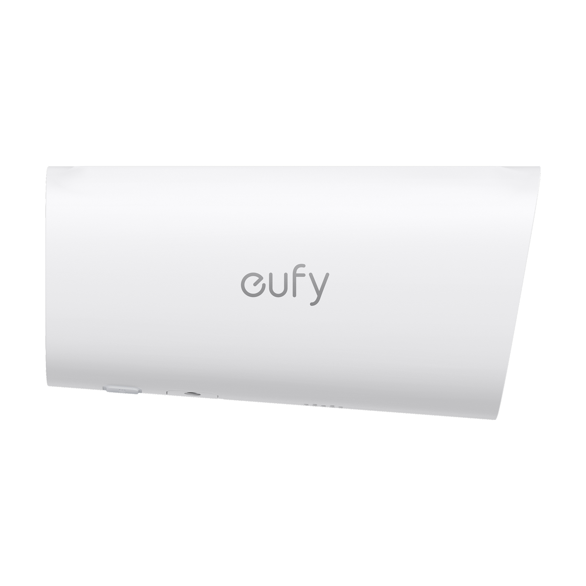 Un dispositivo Eufy bianco con logo argentato e pulsanti laterali.