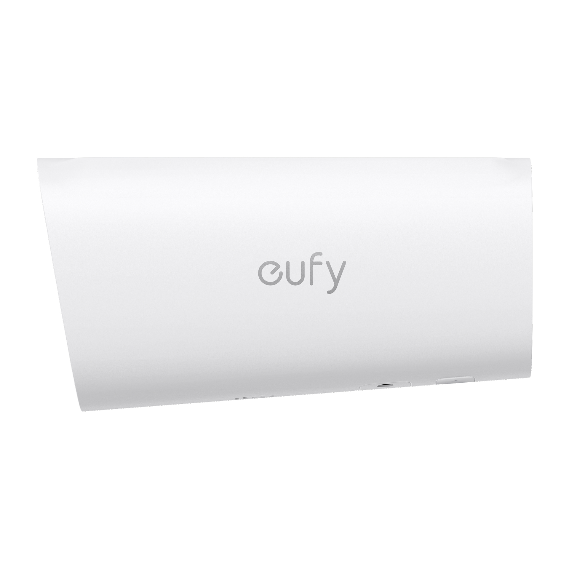 Un dispositivo Eufy bianco con logo stampato e porte sul fondo.