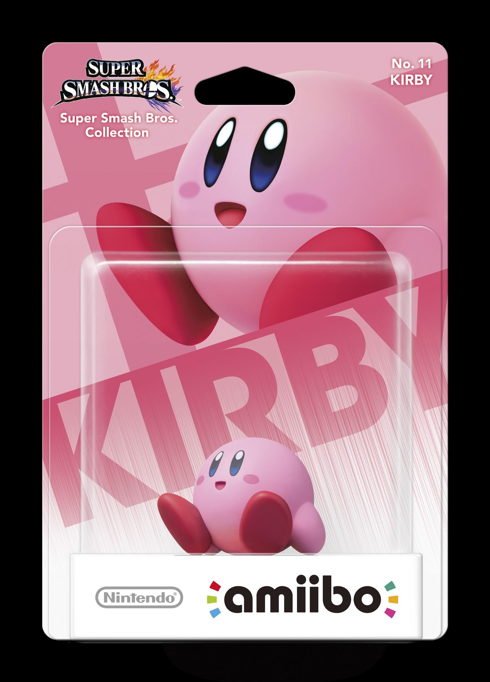 Rosa Kirby Amiibo-Figur in Super Smash Bros. Verpackung mit Nintendo-Logo.