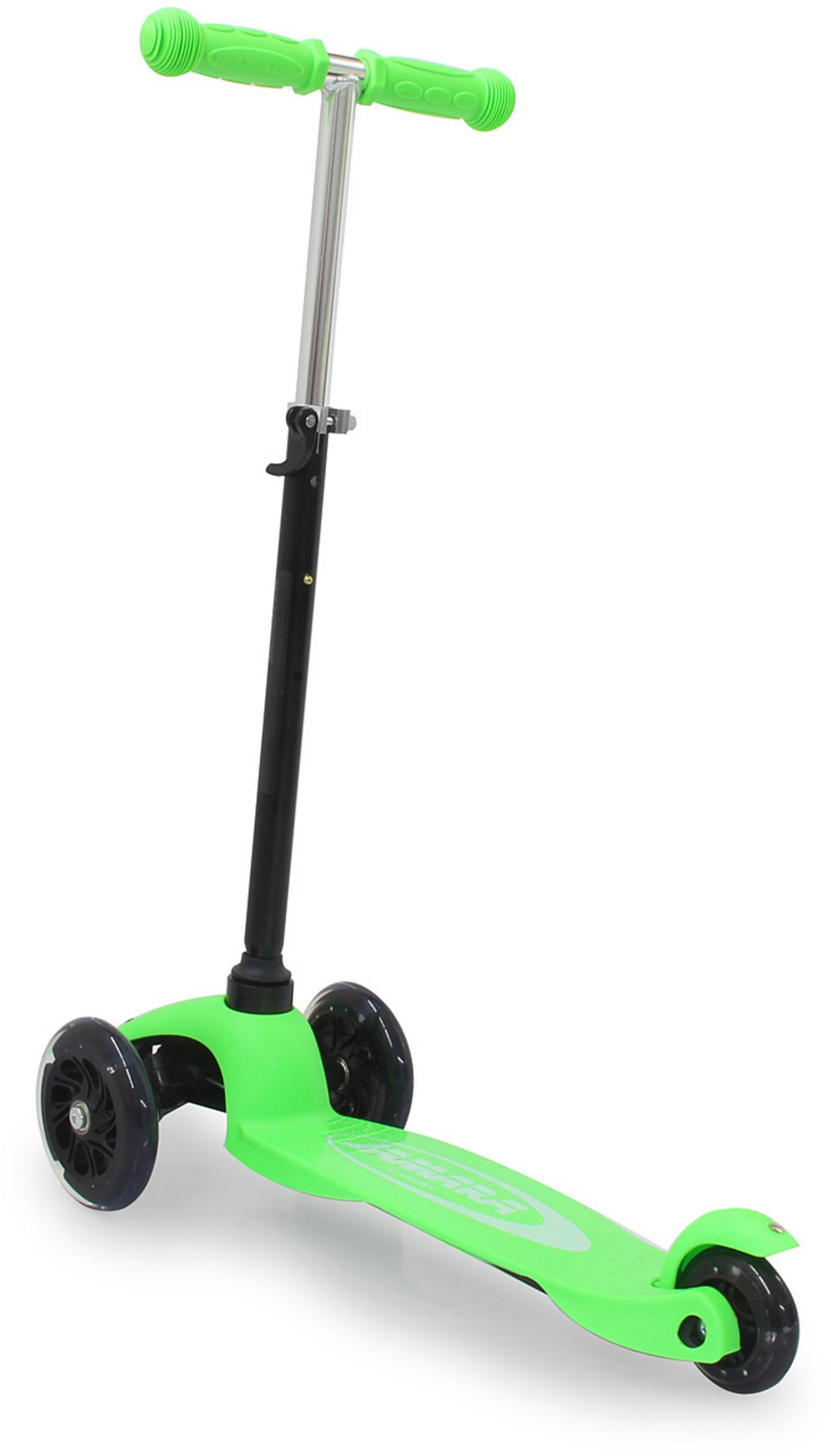 Un monopattino a tre ruote verde brillante con manubrio argentato e ruote nere.