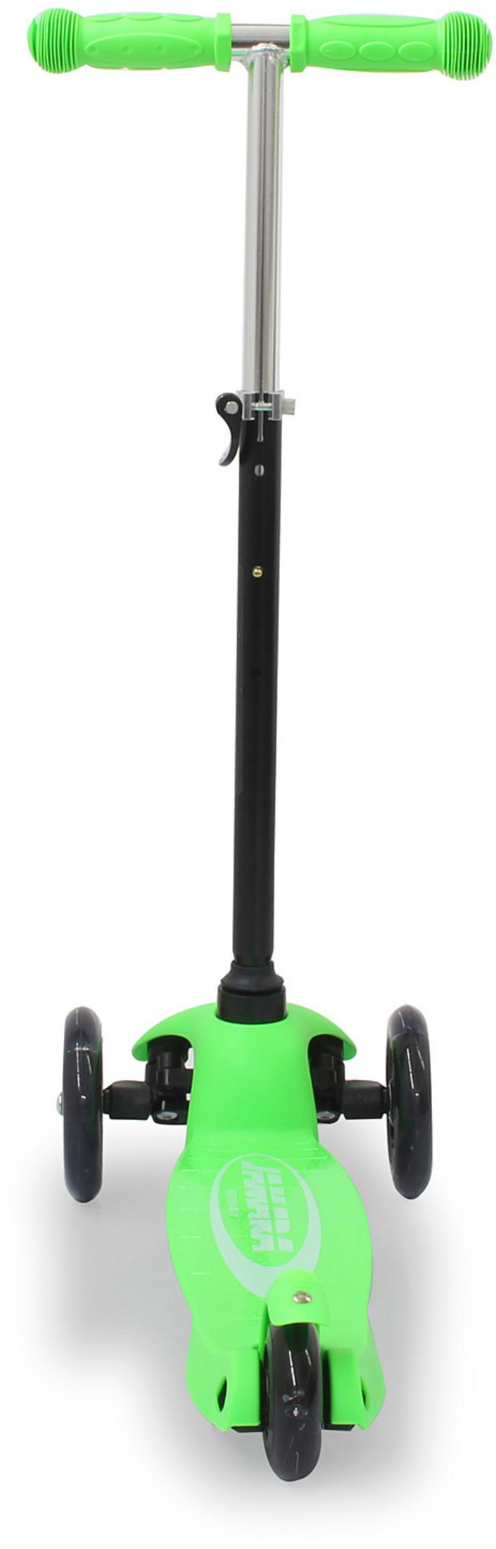 Monopattino a tre ruote verde brillante con manubrio argento e nero.