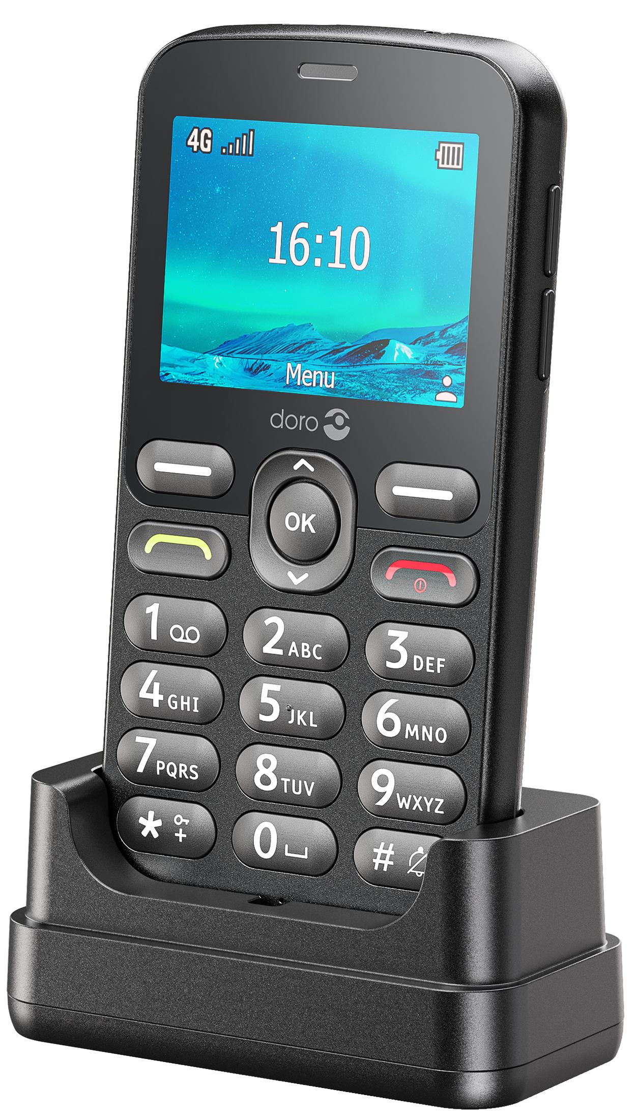 Ein schwarzes Doro-Mobiltelefon mit Tasten und einem Farbbildschirm, das in einer Ladestation steht.