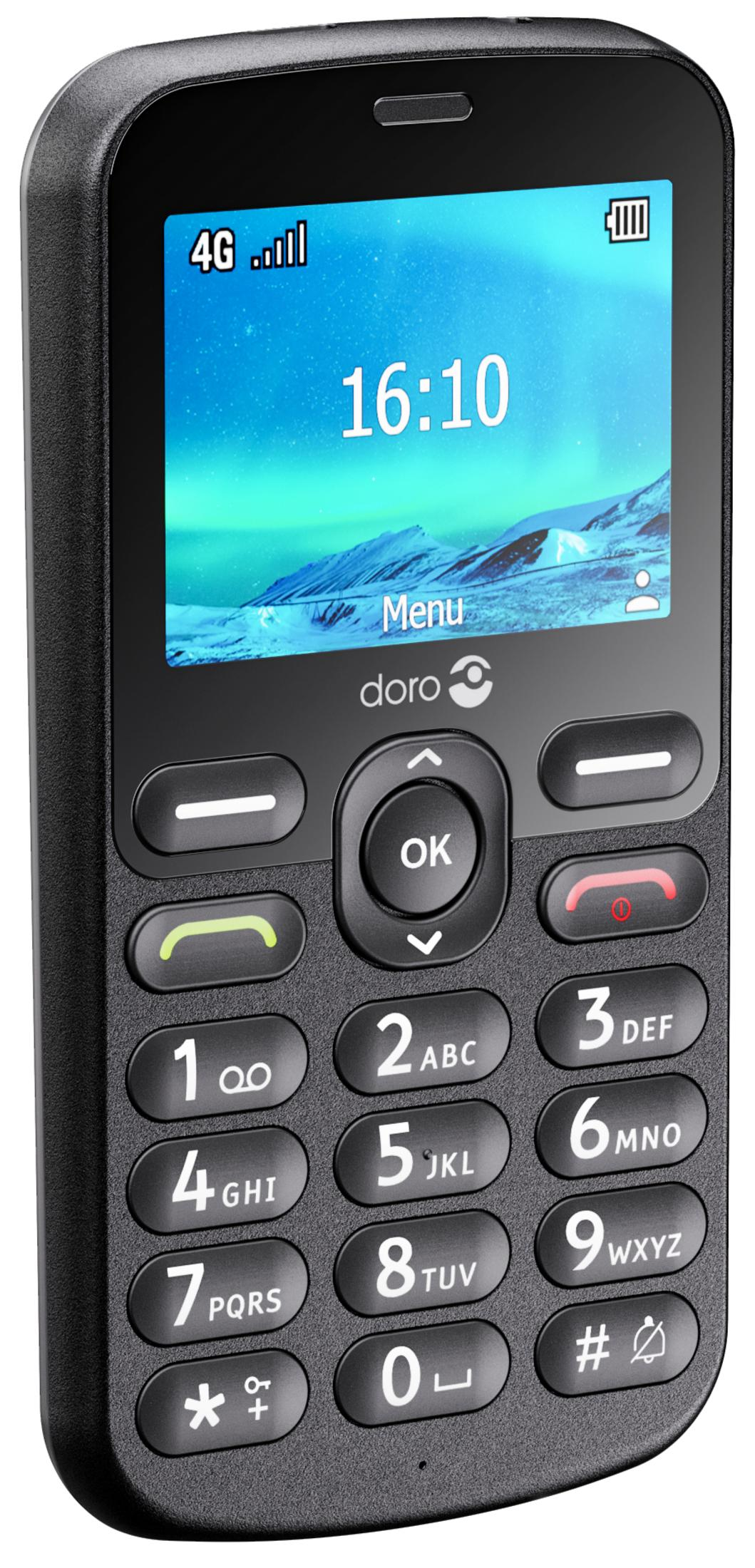 Ein schwarzes Doro-Handy mit 4G-Anzeige, Uhrzeit 16:10 und einer Landschaft.