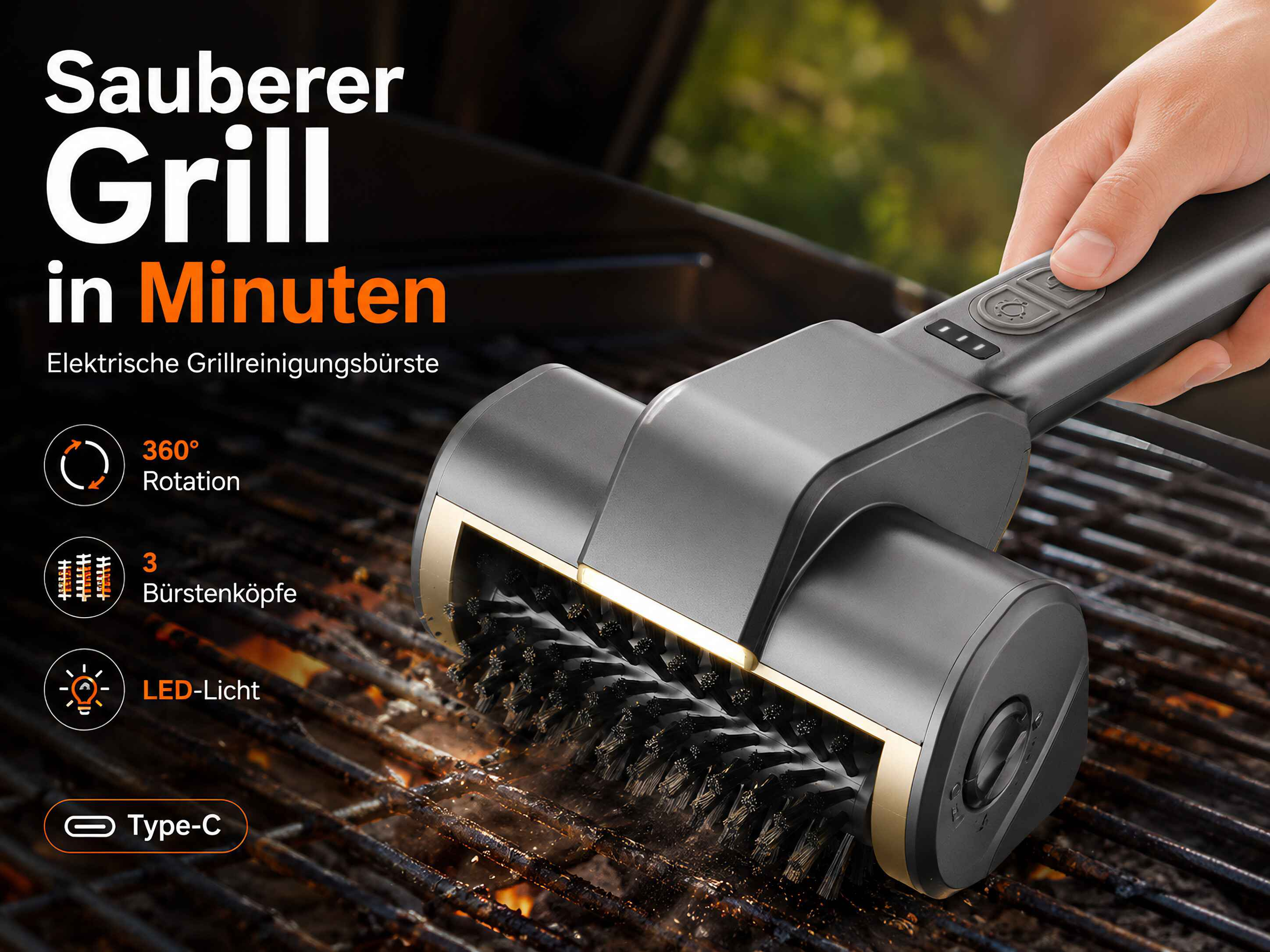 Elektrische Grillbürste mit LED-Licht reinigt Grill in Minuten, 360° Rotation.