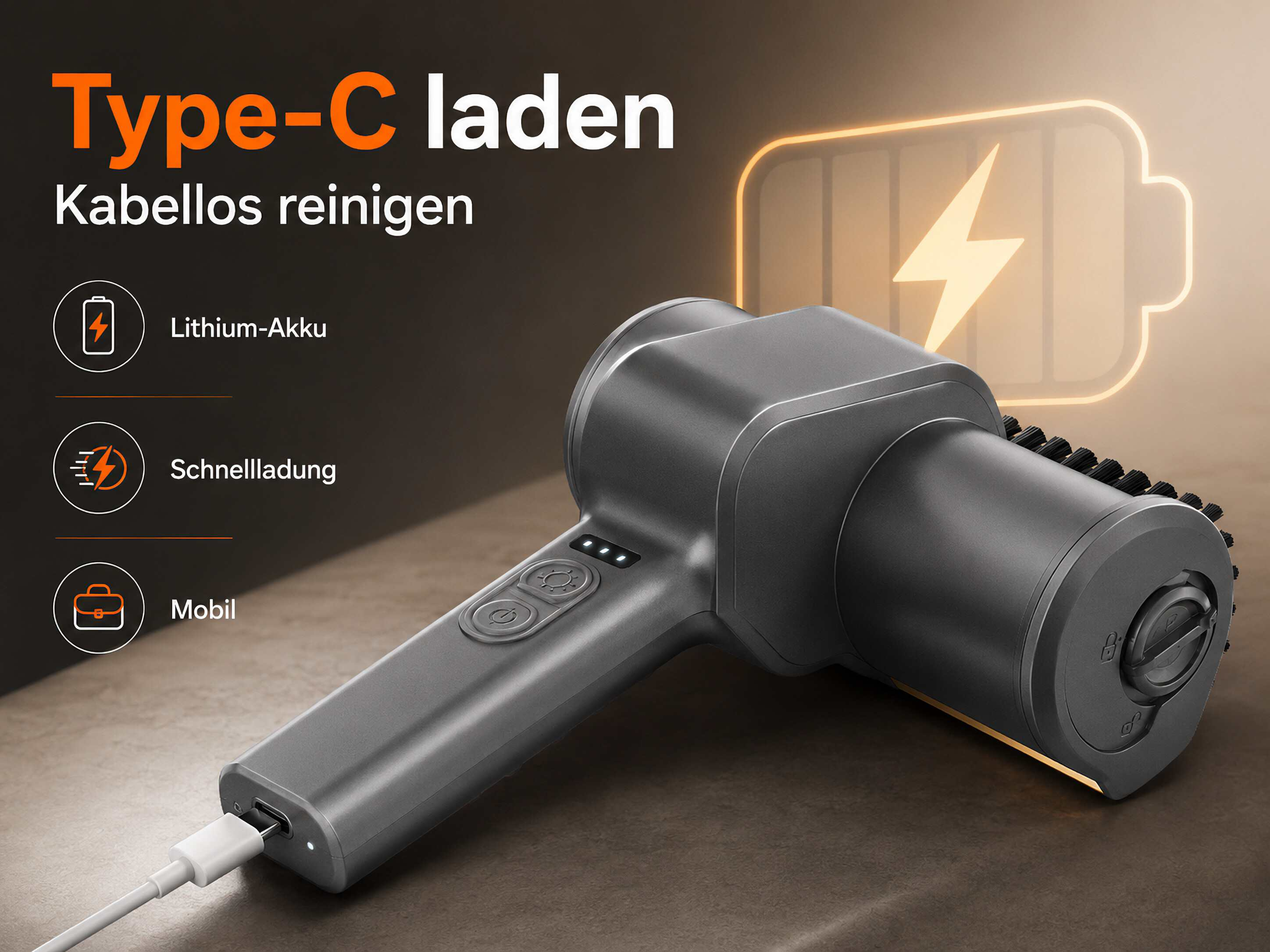 Graues, kabelloses Reinigungsgerät mit Typ-C-Ladeanschluss, Akkuanzeige.