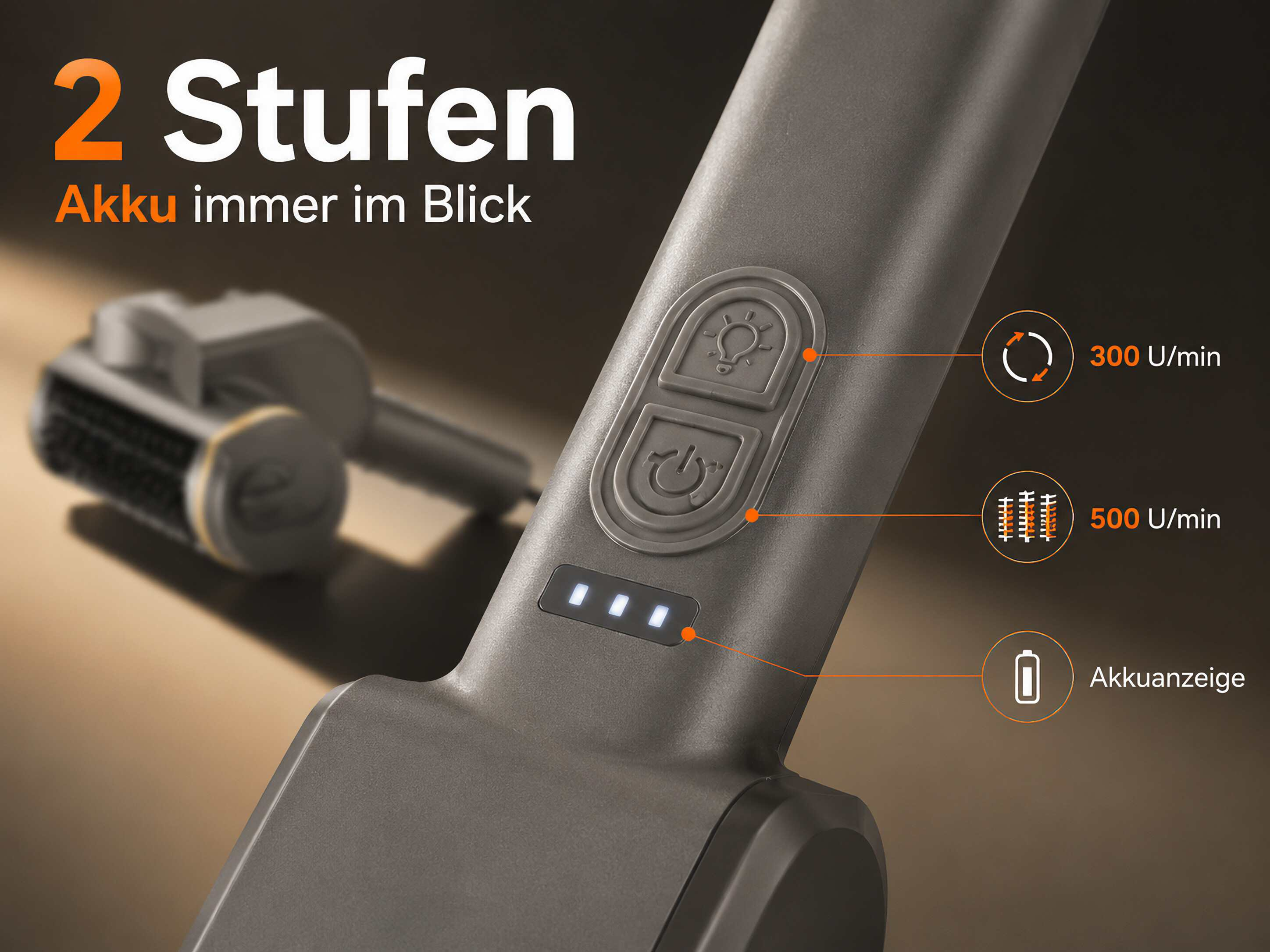 Ein kabelloser Staubsauger mit 2 Stufen, 300 und 500 U/min.